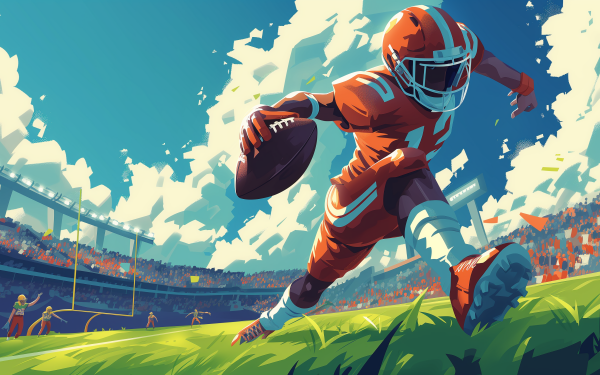 Stylized football player scoring a touchdown in a vibrant, action-packed HD desktop wallpaper capturing the excitement of the game.