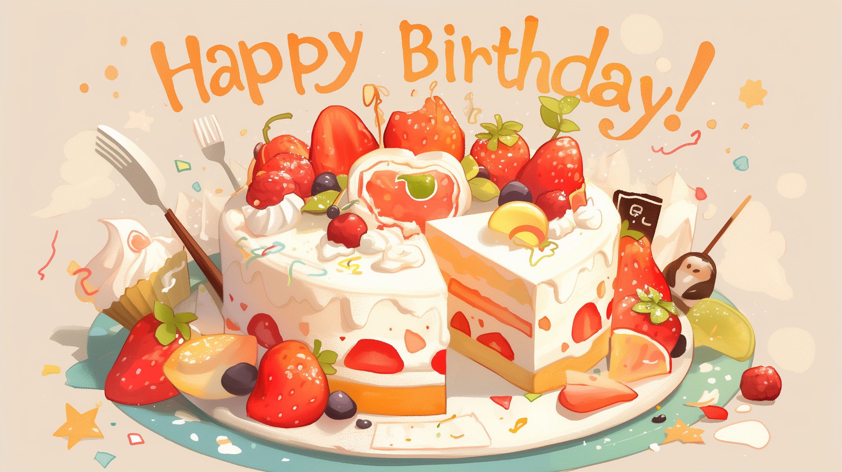 Vibrant HD desktop wallpaper featuring a delicious birthday cake adorned with fresh strawberries and the cheerful greeting 'Happy Birthday'.