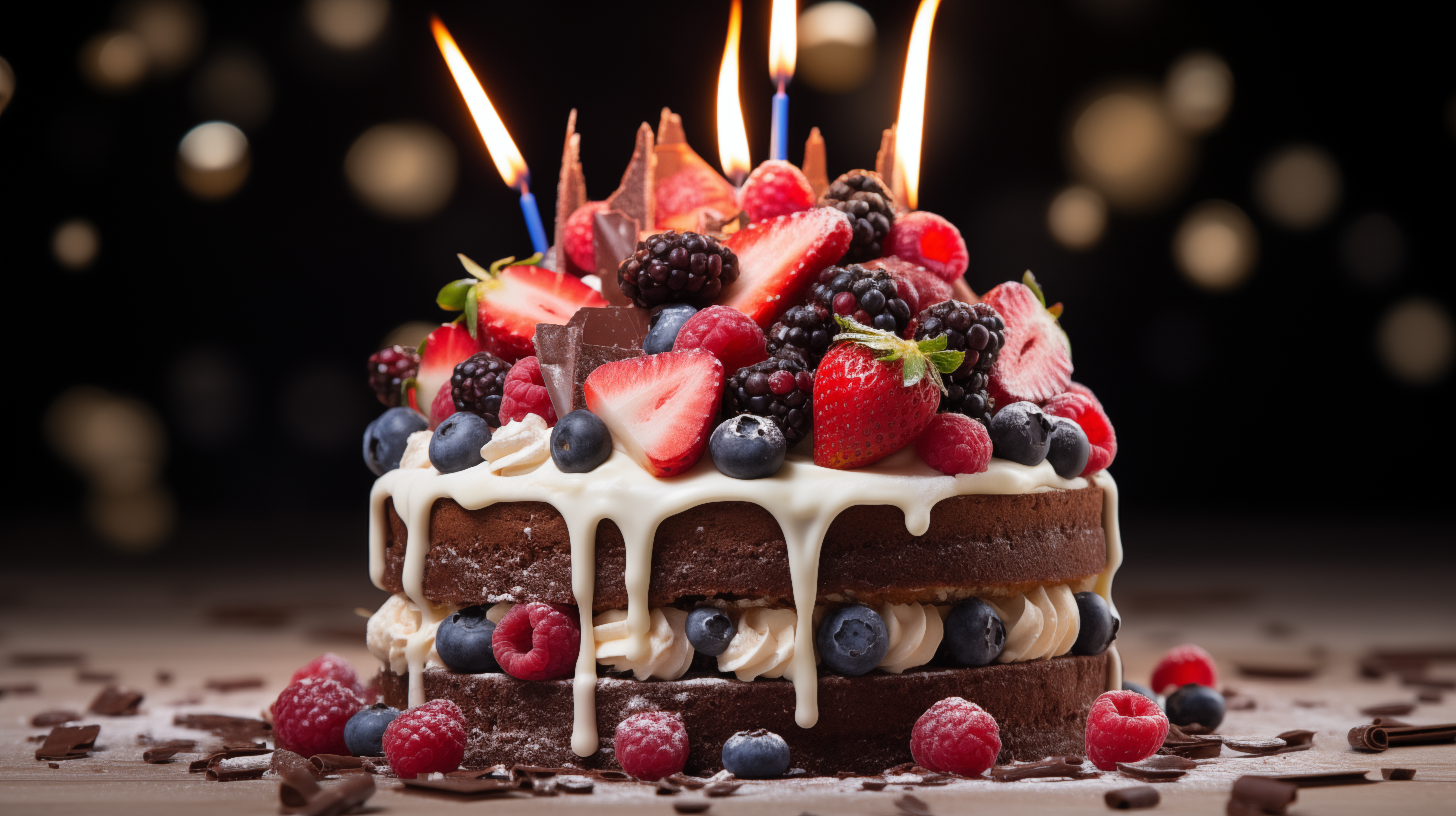HD wallpaper of a decadent birthday cake with lit candles, topped with fresh strawberries, blueberries, and chocolate pieces, perfect for a festive desktop background.