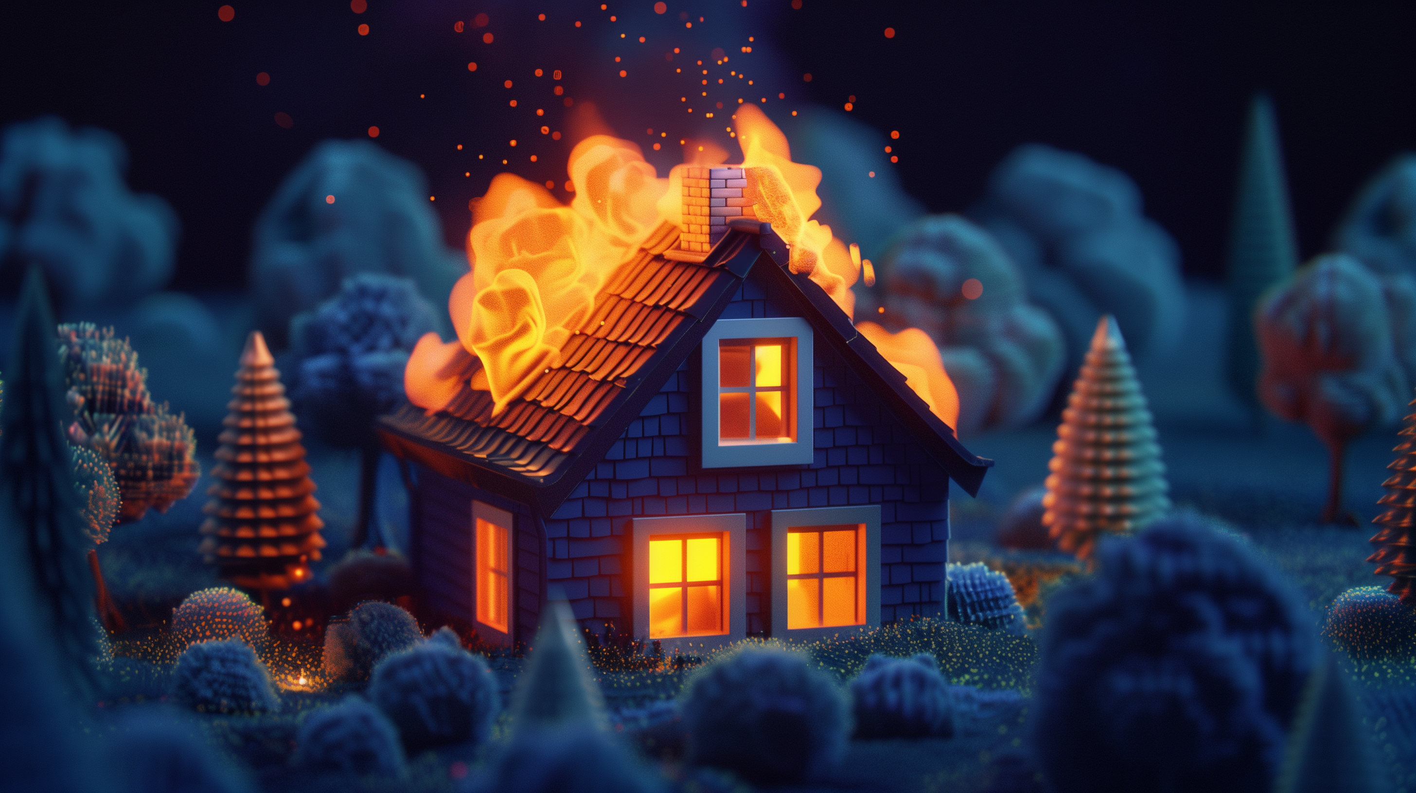 Isometric illustration of a burning house surrounded by trees, designed as an HD desktop wallpaper and background.
