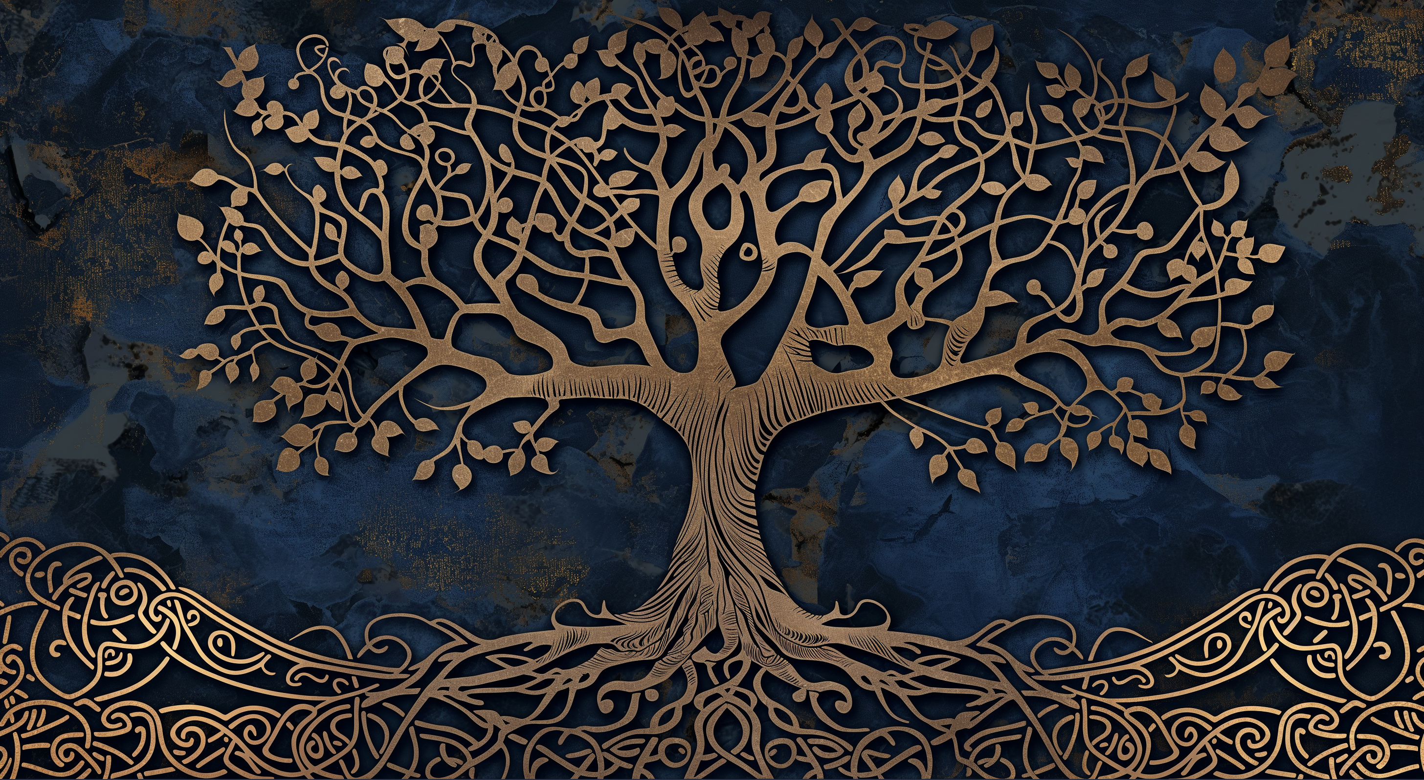 HD Yggdrasil tree wallpaper with artistic golden branches on a dark textured background for desktop.