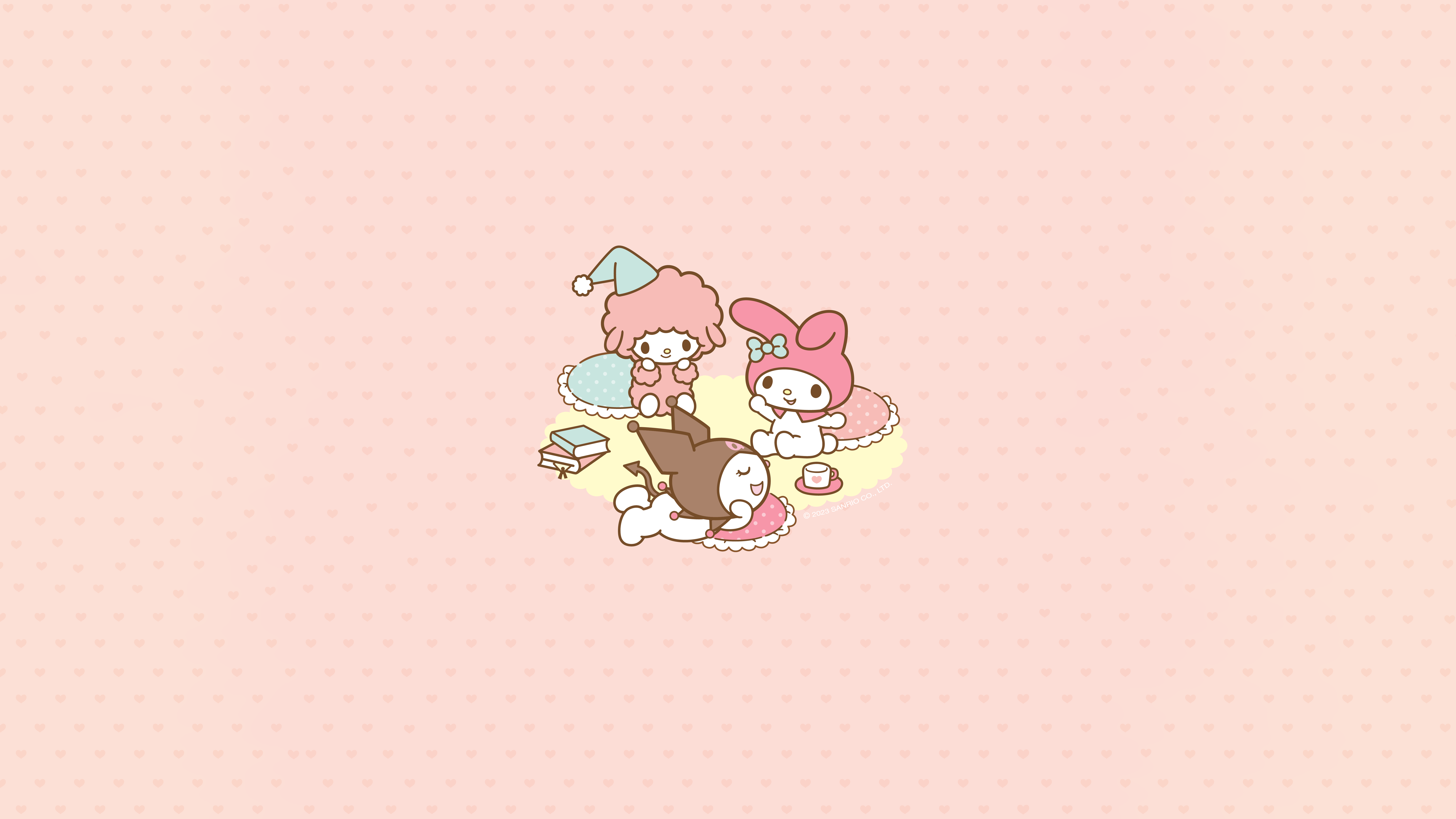 HD desktop wallpaper featuring Sanrio characters My Melody and Kuromi from Onegai My Melody, with a soft pink polka dot background.