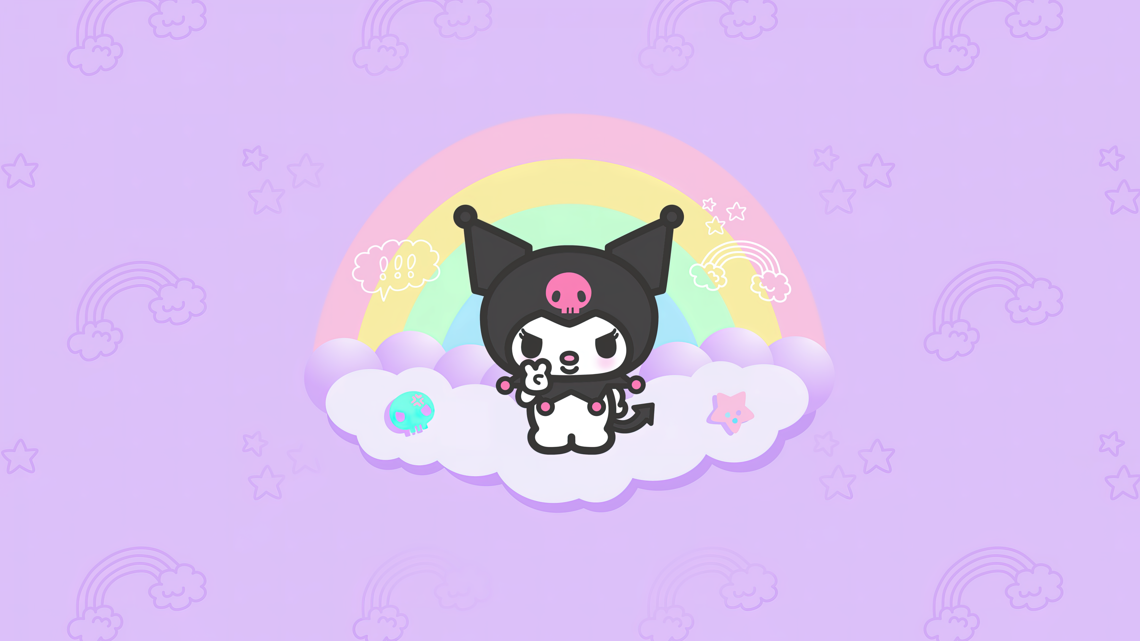 Alt Text: Cute Kuromi from Onegai My Melody anime on a cloud with a pastel rainbow background, ideal for HD desktop wallpaper and Sanrio character enthusiasts.