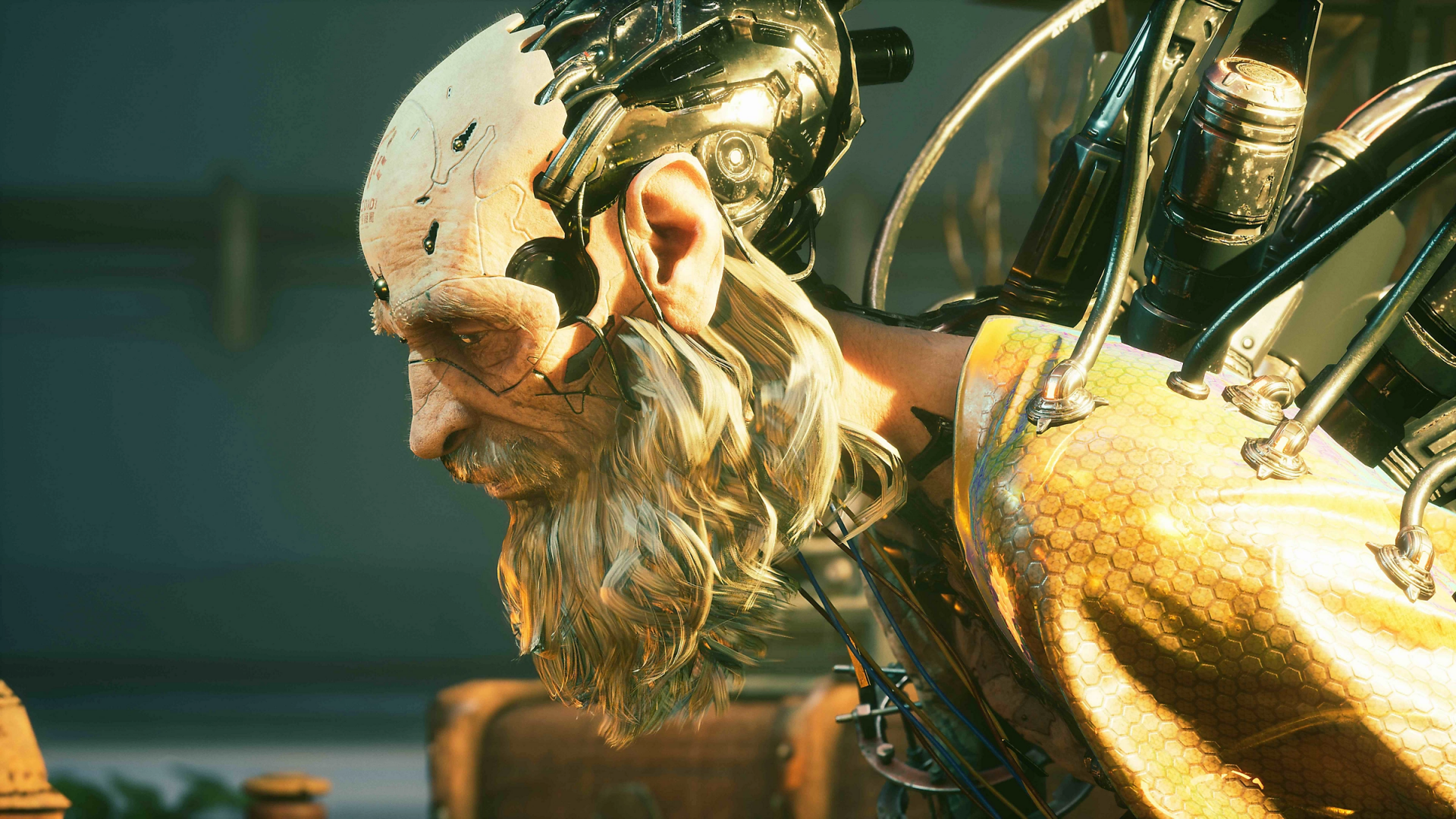 A detailed HD desktop wallpaper featuring a futuristic character from the video game Stellar Blade, showcasing intricate robotic features and a weathered face.