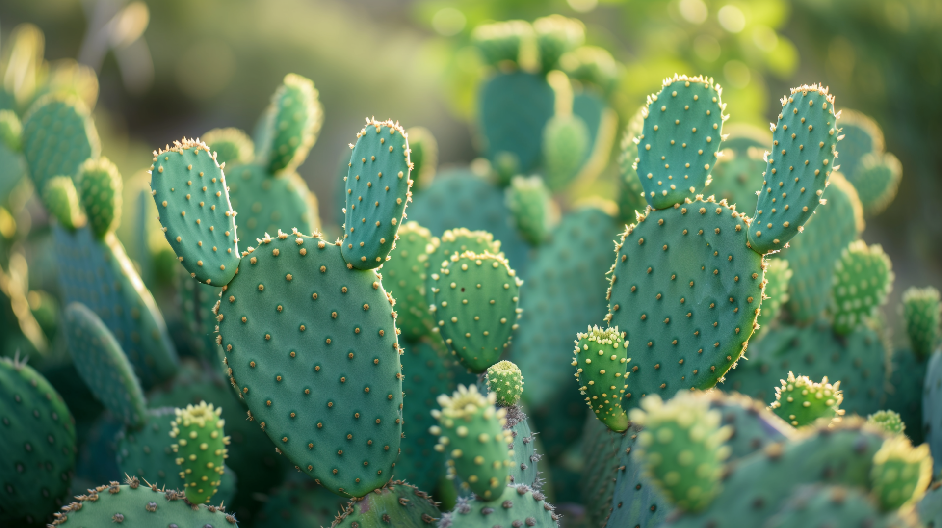 A vibrant HD desktop wallpaper featuring lush prickly pear cacti, showcasing their distinct shapes and textures in a sunlit, natural setting.
