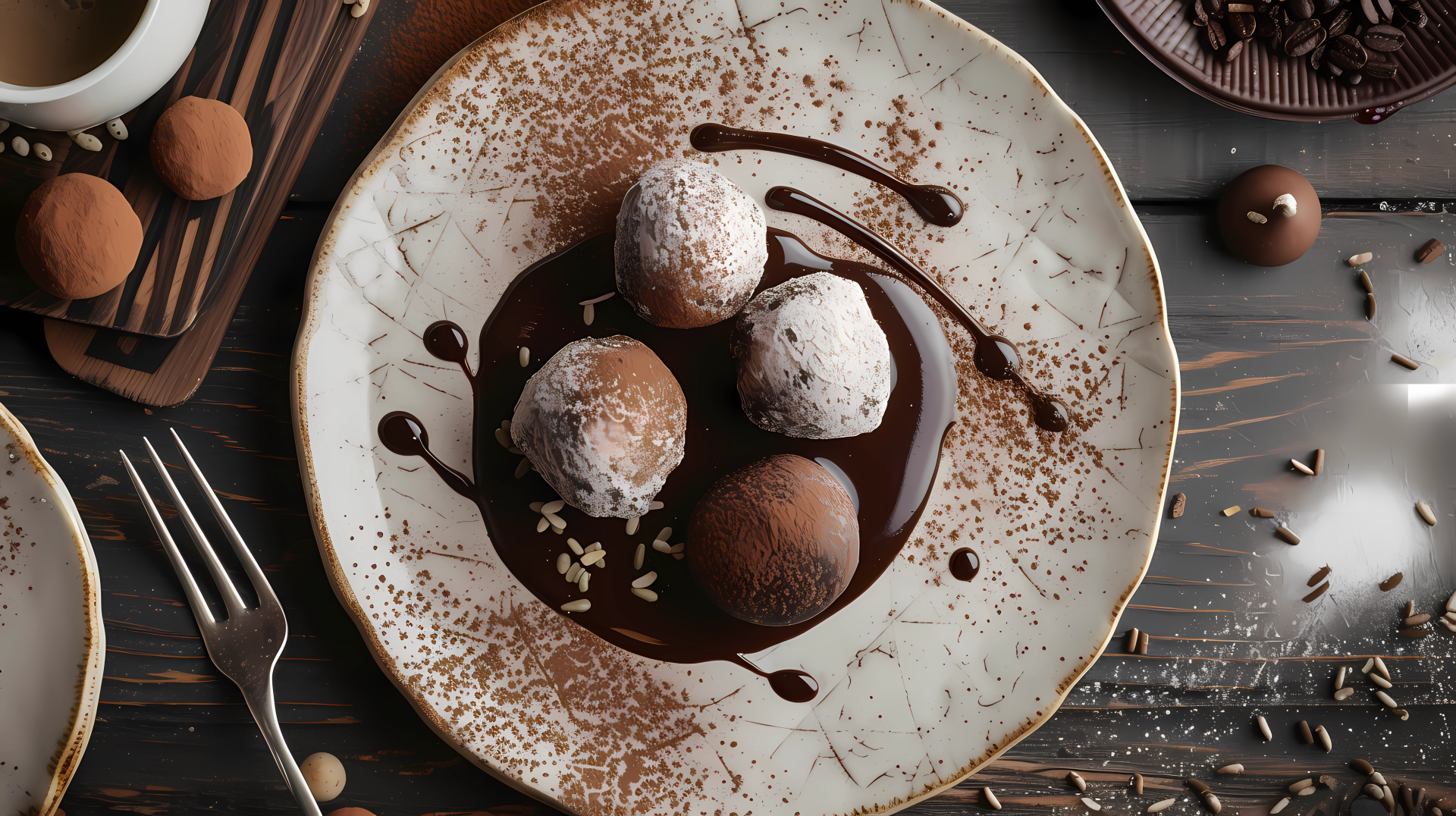 A decorative plate showcases rich truffles drizzled with chocolate sauce, surrounded by chocolate shavings, creating an enticing HD desktop wallpaper and background.