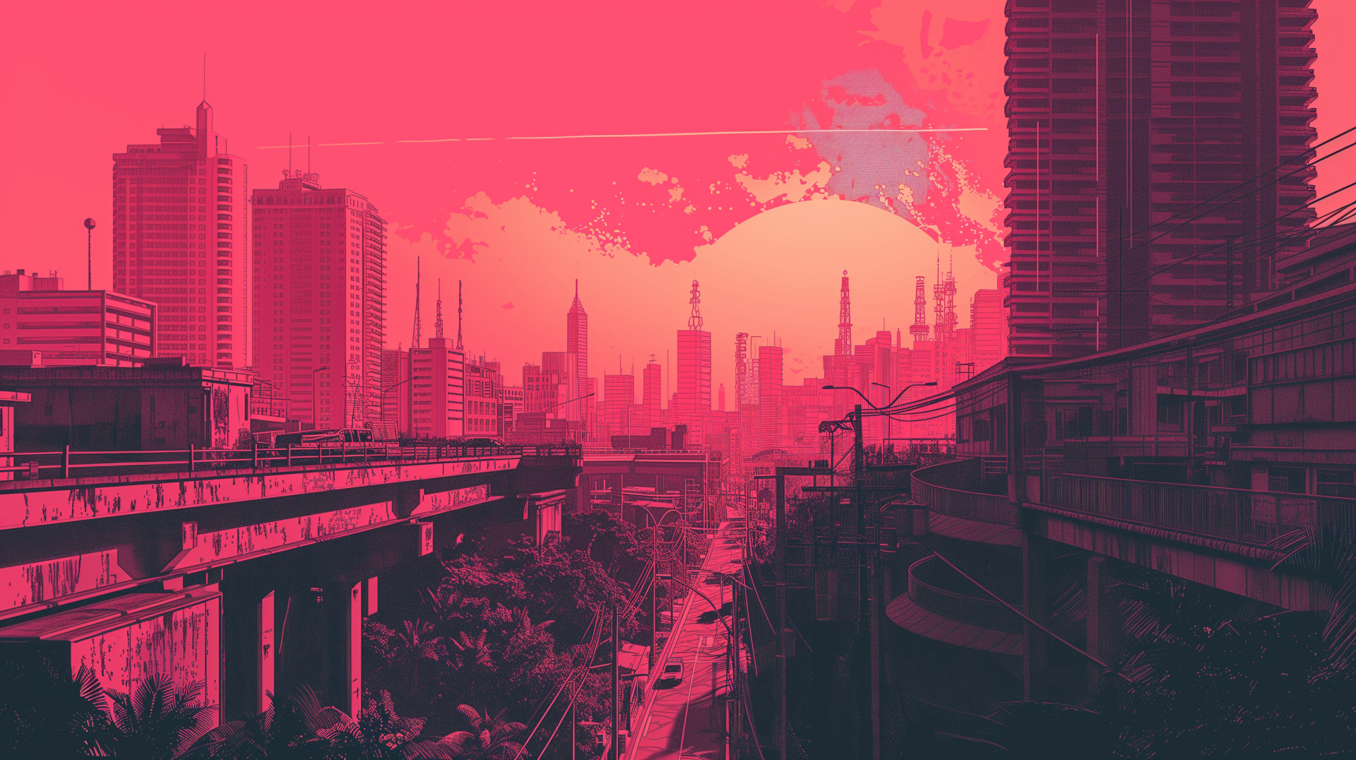 Duotone cityscape HD wallpaper with pink and red hues for desktop background.