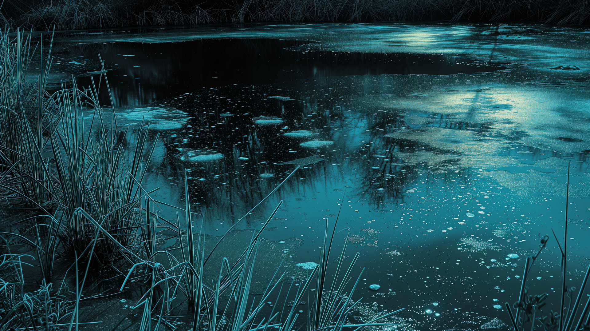 A serene pond in duotone hues, reflecting nature's tranquility. This HD wallpaper captures the calm beauty of water and surrounding foliage.