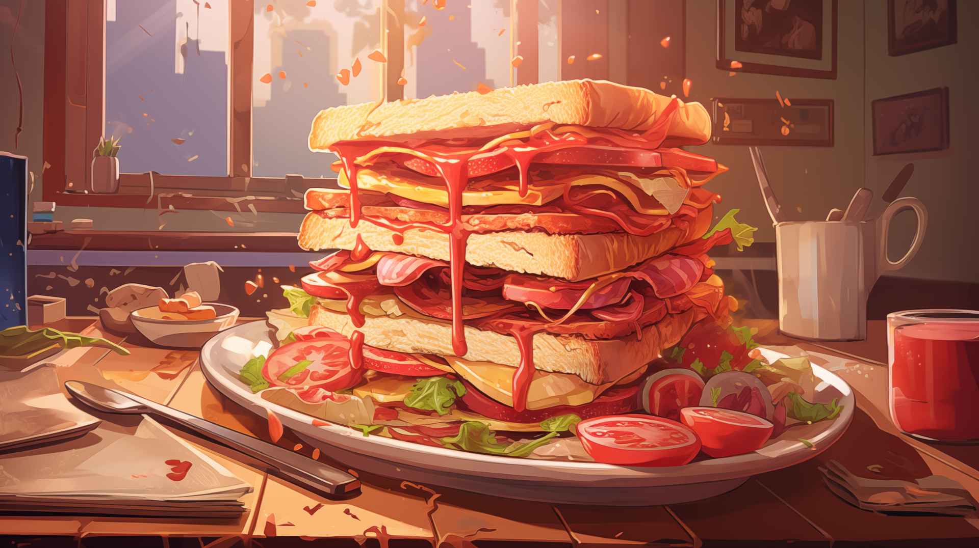 A deliciously stacked panini overflowing with layers of meats, cheese, and fresh vegetables, set on a table beside condiments, creating a vibrant HD desktop wallpaper.
