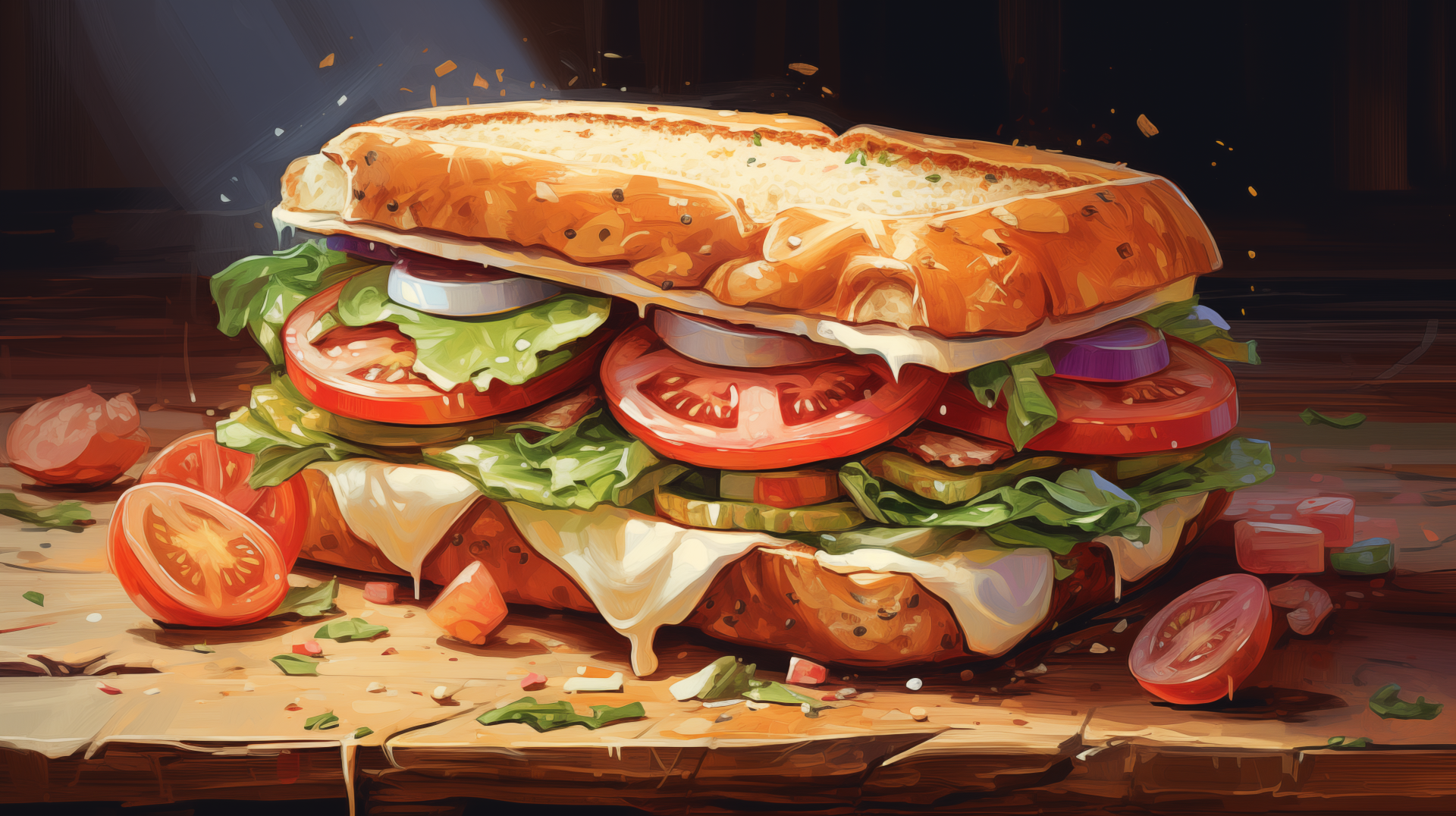 HD desktop wallpaper featuring a detailed illustration of a delectable panini with fresh veggies and melting cheese.