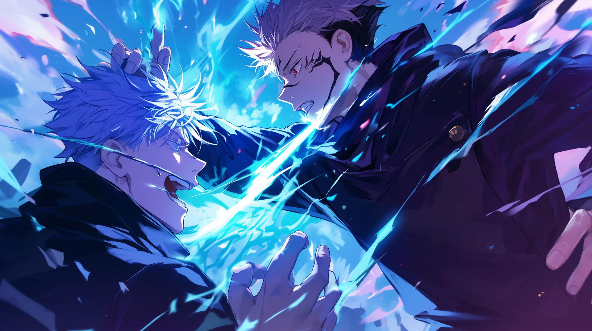 HD desktop wallpaper featuring an intense battle between Gojo and Sukuna from the anime Jujutsu Kaisen, with vibrant blue energy effects.