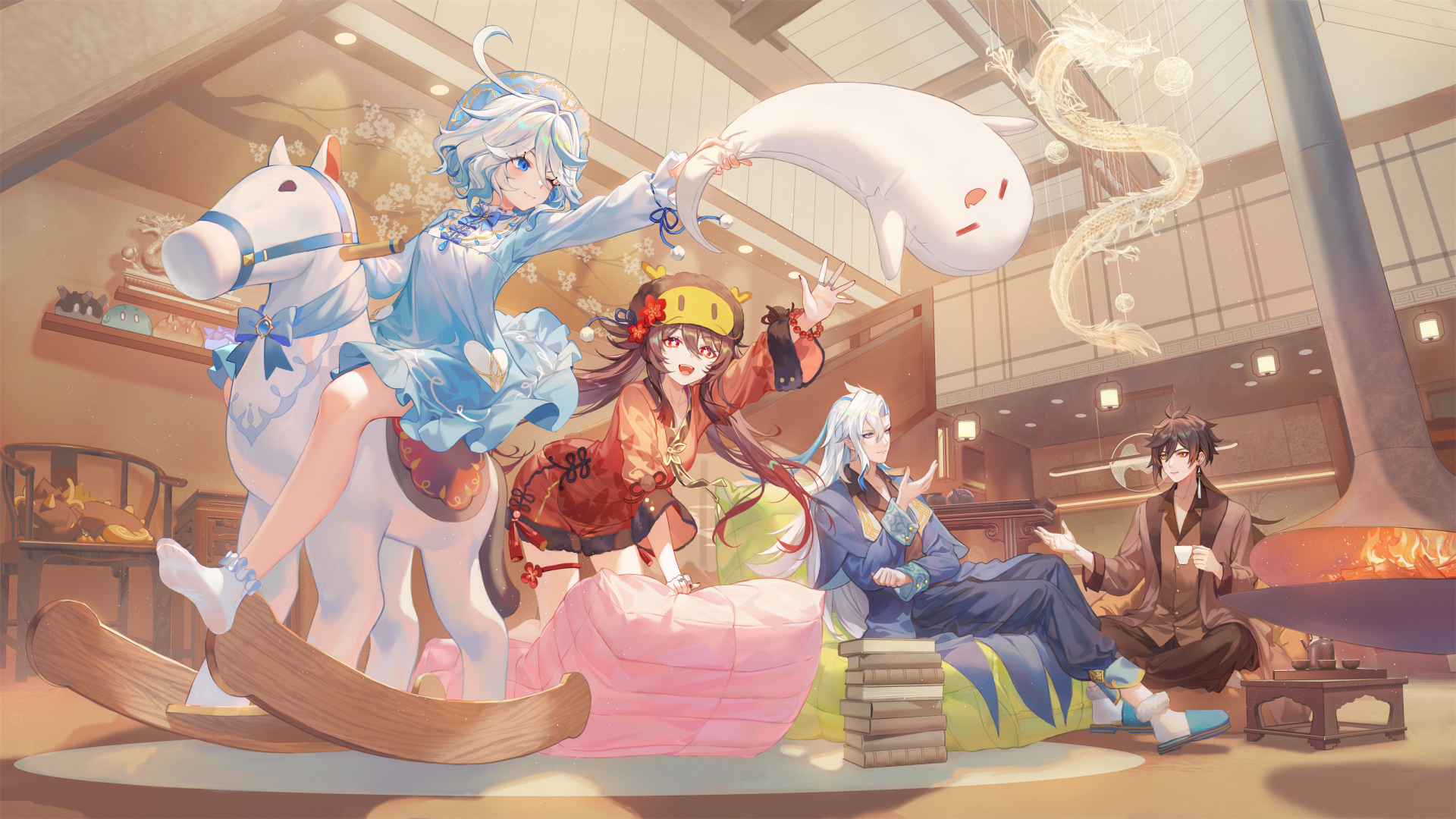 HD PC desktop wallpaper featuring Genshin Impact characters Furina, Hu Tao, Zhongli, and Neuvillette in a cozy, warmly lit indoor setting.