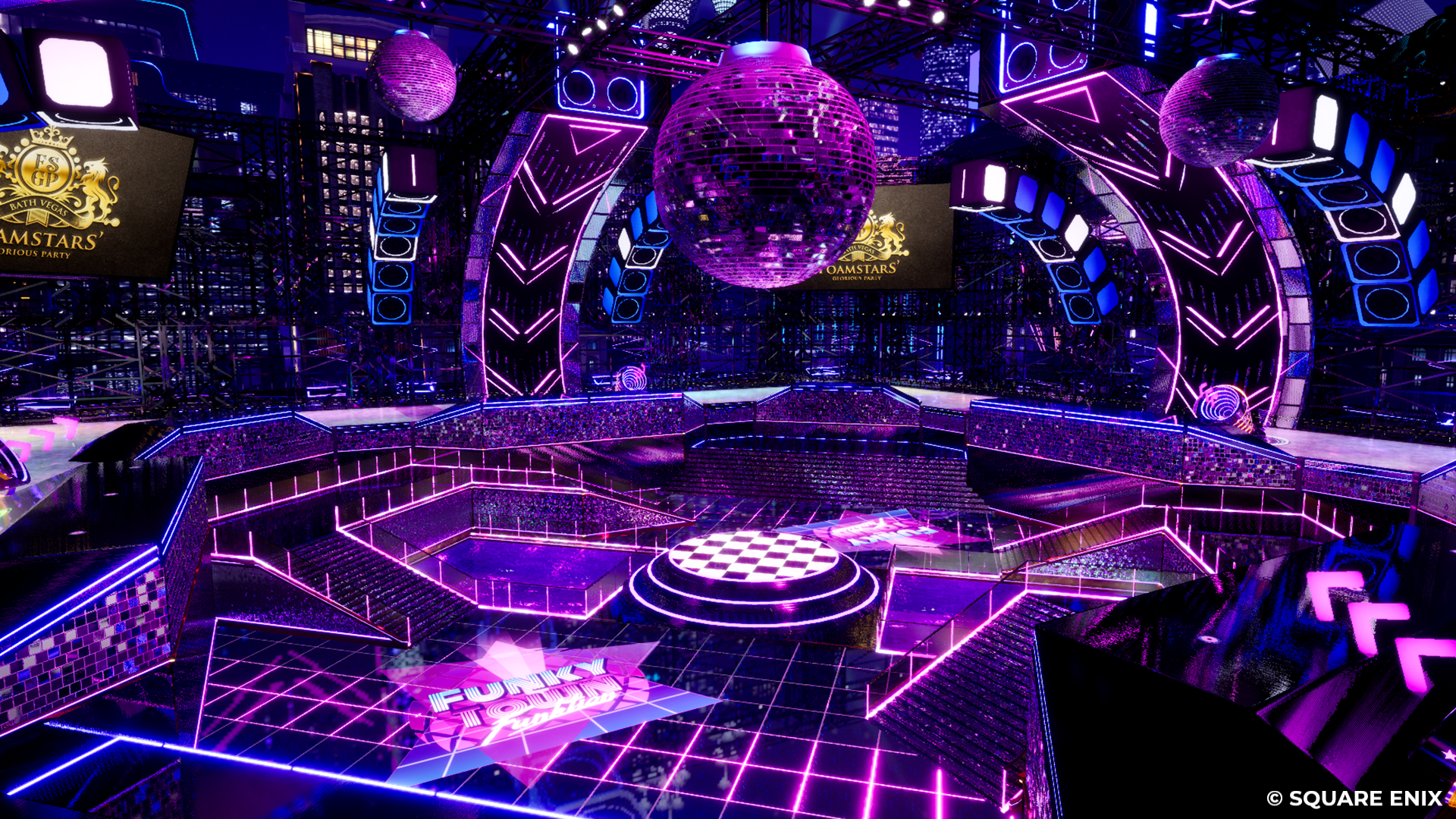 HD wallpaper of Foamstars video game with neon-lit virtual disco arena for desktop background.
