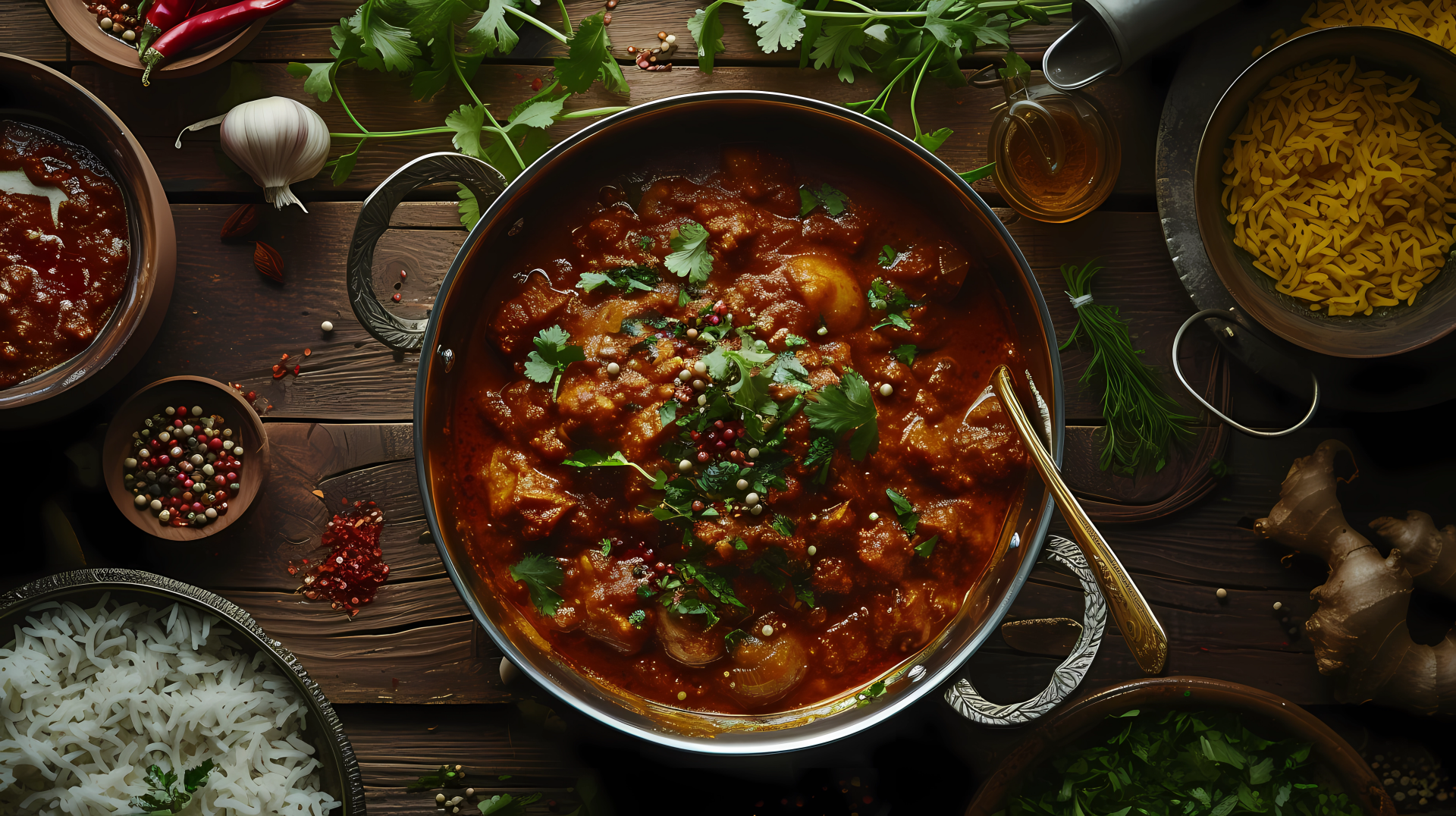 A vibrant curry meal sits on a rustic table, surrounded by fresh ingredients and spices, inviting a delicious dining experience. A perfect HD desktop wallpaper for food enthusiasts.