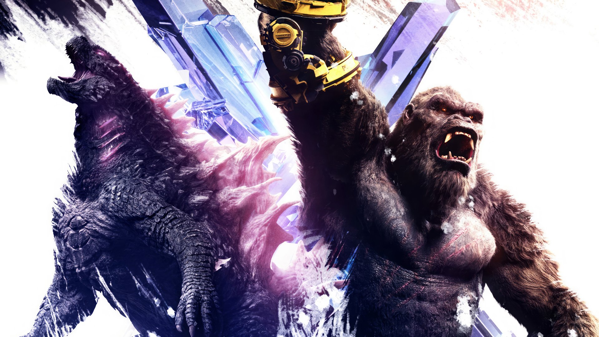 HD wallpaper of Godzilla and Kong clashing in 'Godzilla x Kong: The New Empire' movie for desktop background.