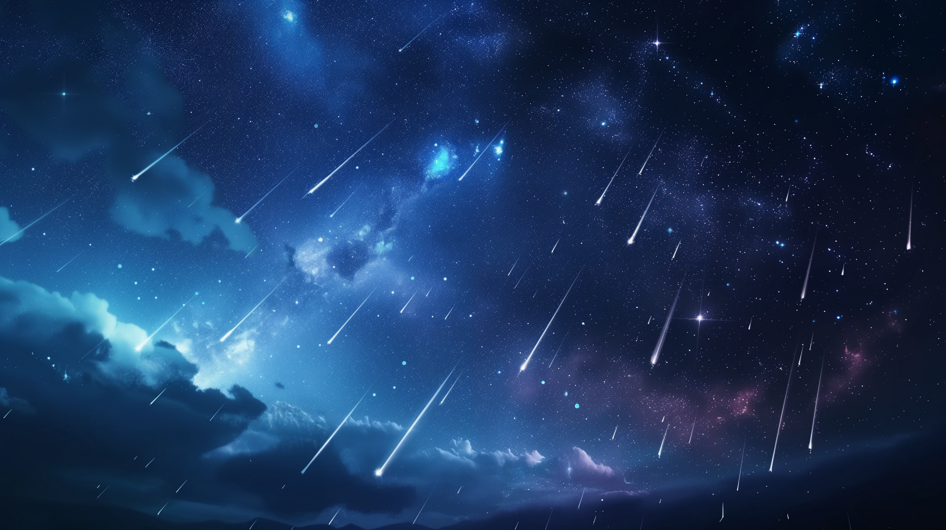 A mesmerizing night sky showcases a meteor shower, with vibrant streaks of light illuminating the dark, starry backdrop, creating a stunning HD desktop wallpaper.