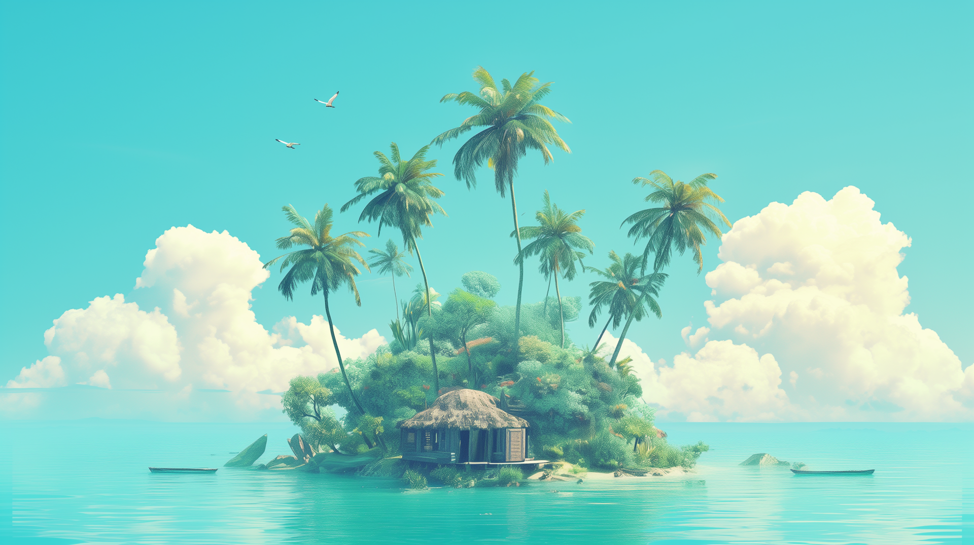 A tranquil tropical island with a thatched hut, surrounded by palm trees and clear blue waters, set against a serene sky. This vibrant image serves as a stunning HD desktop wallpaper.