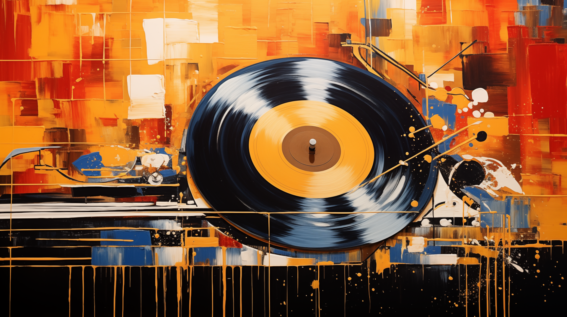 HD desktop wallpaper featuring an artistic representation of a vinyl record turntable with a vibrant abstract background.