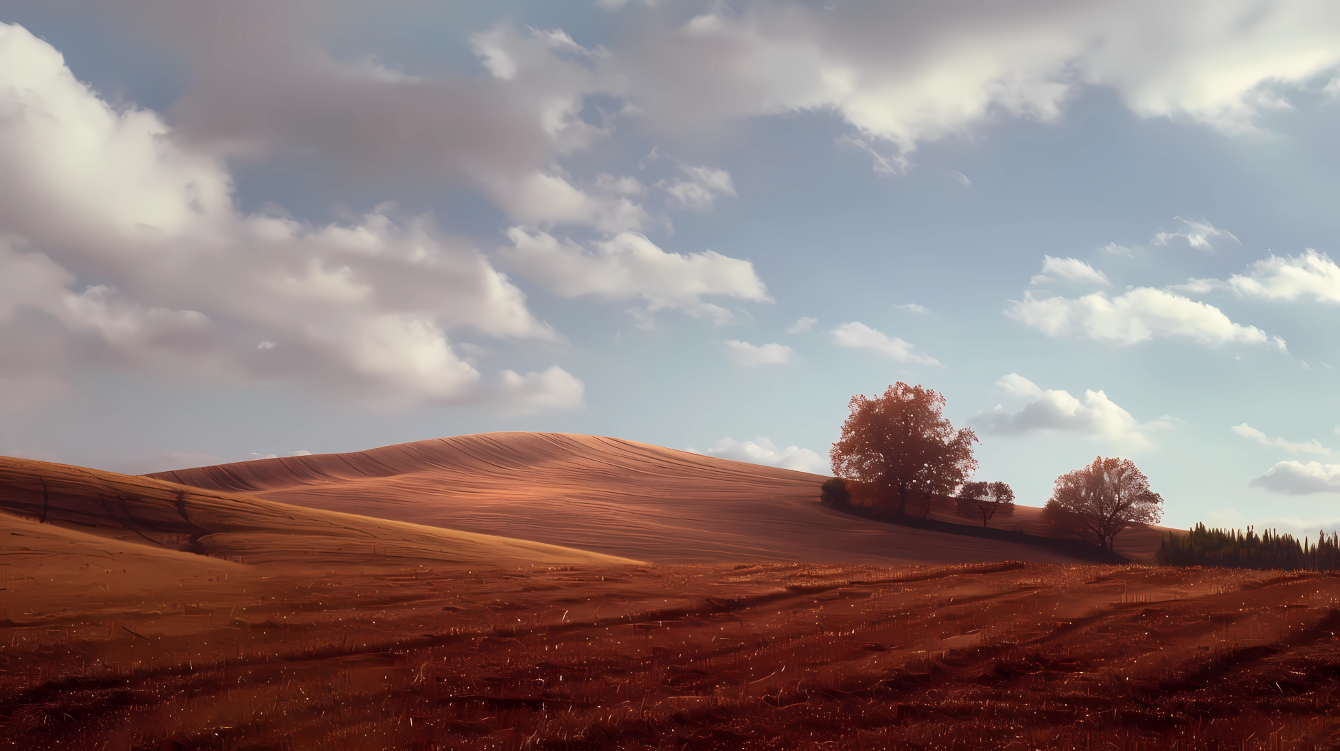 A serene Tuscany landscape captures rolling hills under a vast sky, with autumn colors enhancing the warm scenery, making it a stunning HD desktop wallpaper and background.