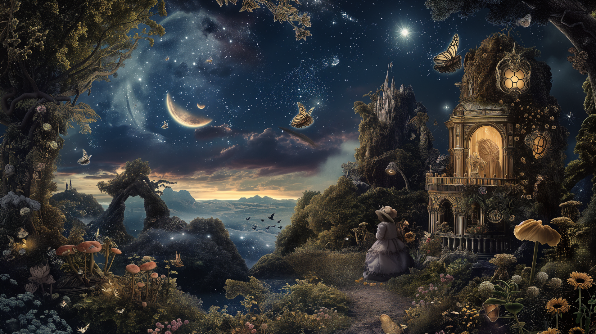 Enchanting fantasy HD wallpaper featuring a star gazing scene with crescent moons, a sparkling night sky, and mystical landscapes for desktop background.