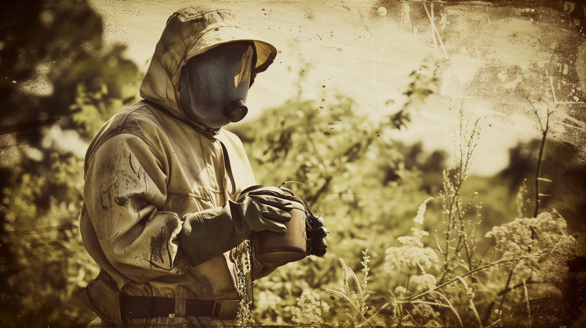 A beekeeper in protective gear stands amidst lush greenery, holding equipment, captured in a vintage photography style. This HD image serves as a striking desktop wallpaper.