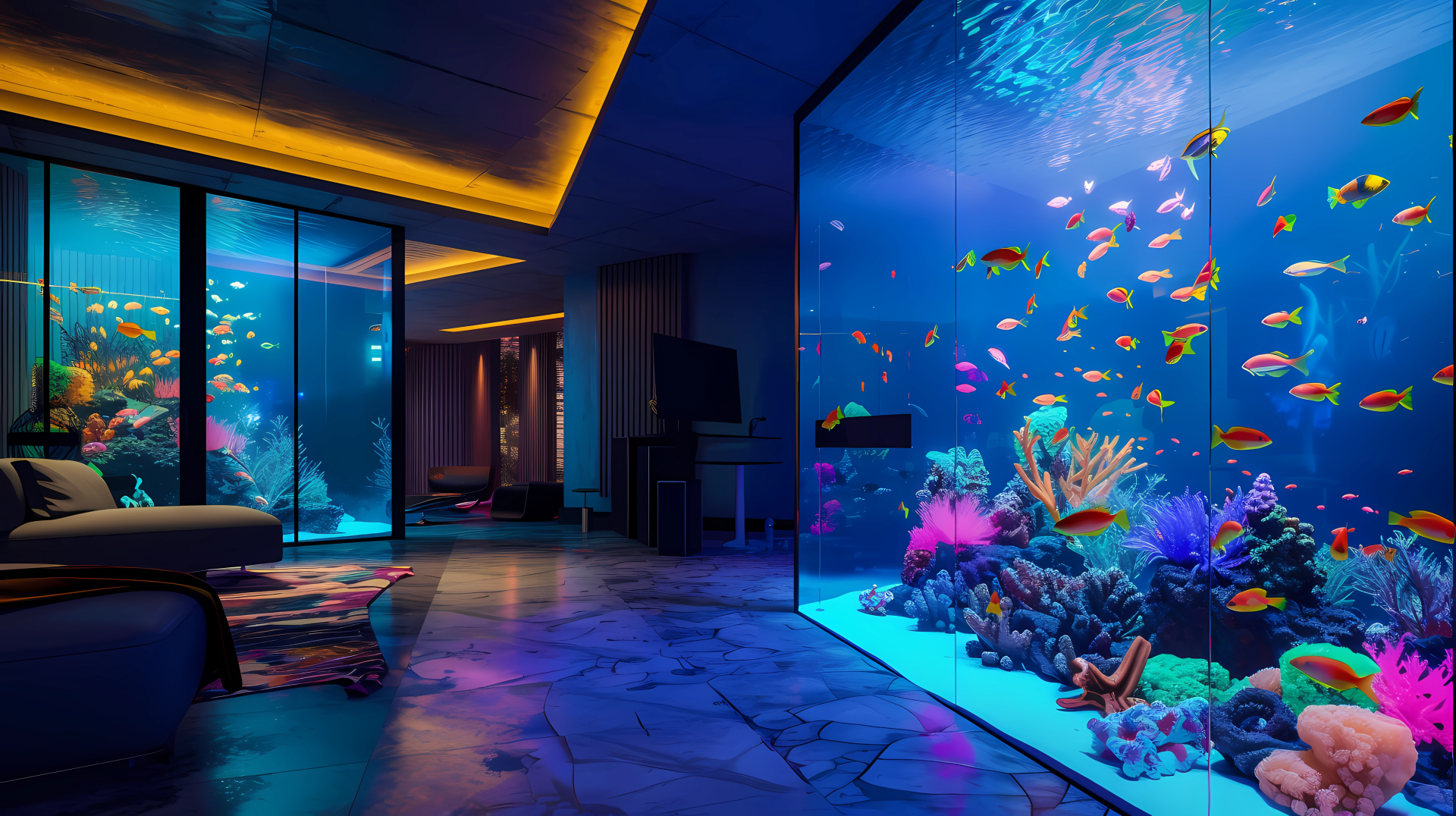 HD wallpaper of a modern room with ambient lighting and a large, vibrant aquarium wall filled with colorful fish and coral.