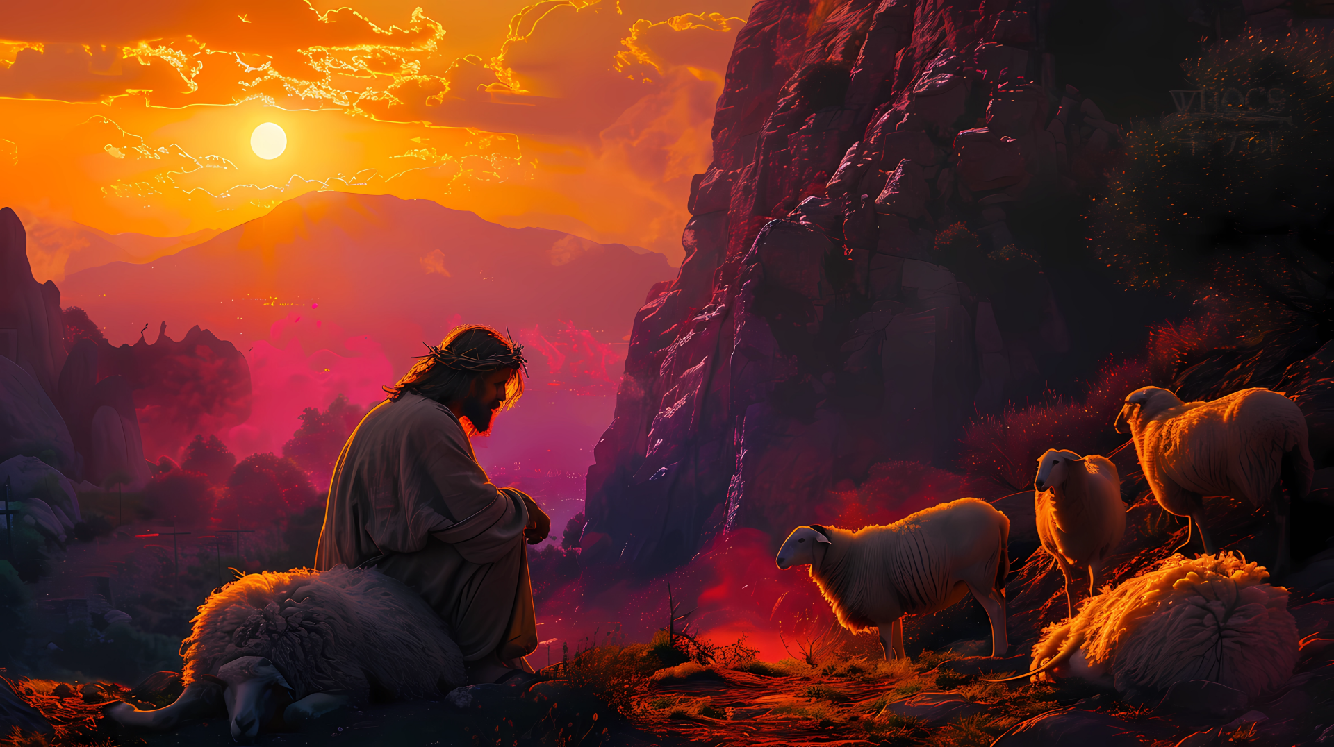 A serene HD desktop wallpaper depicting Jesus seated in a vibrant sunset landscape, surrounded by sheep and mountains, embodying tranquility and reflection.