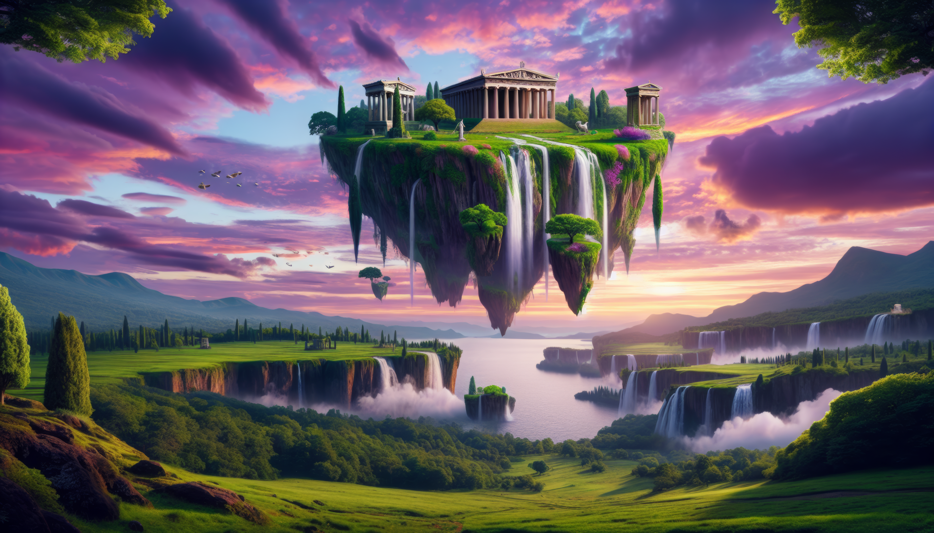 A stunning HD desktop wallpaper depicting a flying island with waterfalls, lush greenery, and classical architecture, set against a vibrant sunset sky.