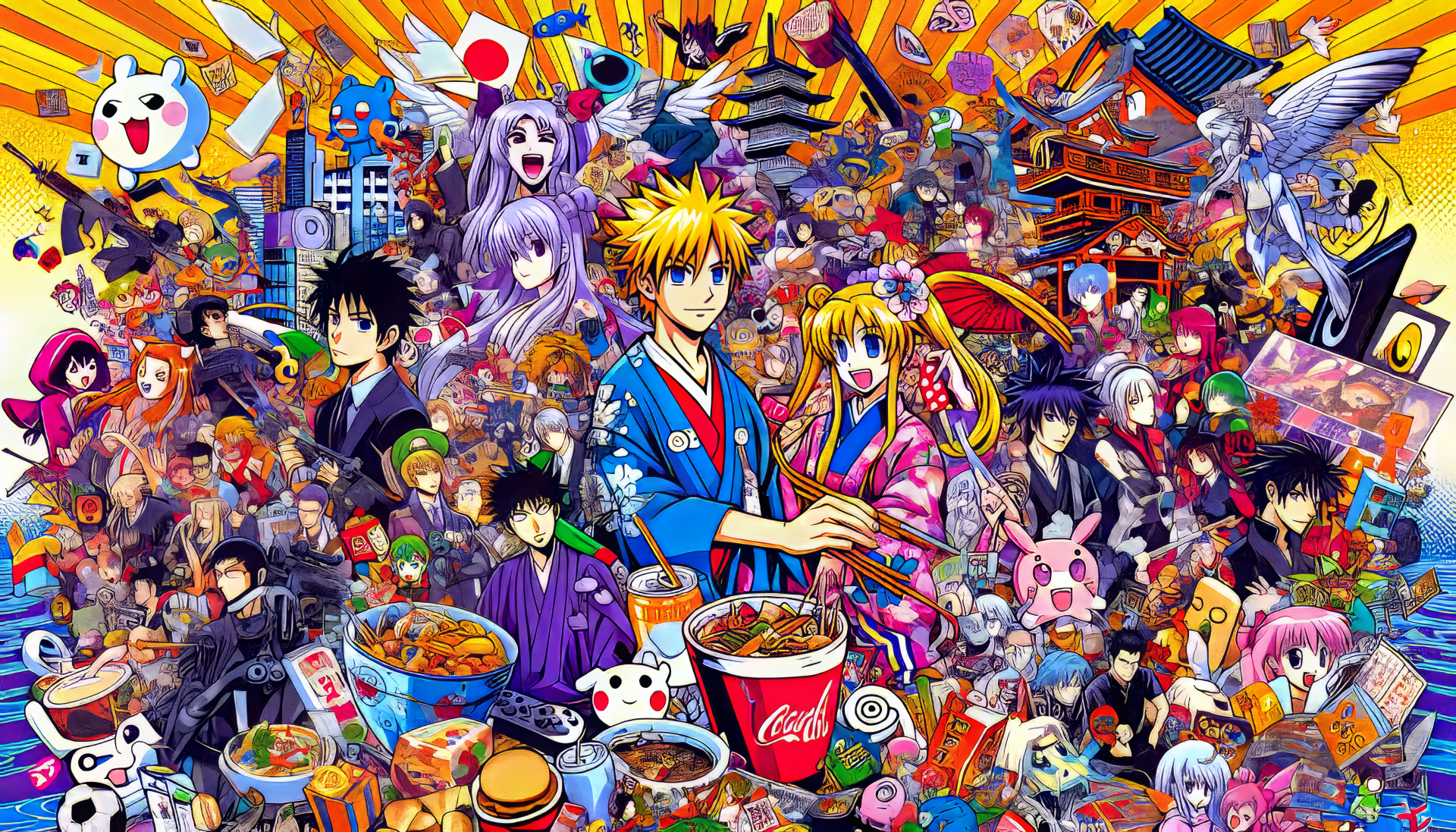 Colorful HD otaku-themed desktop wallpaper featuring a vibrant montage of anime characters, iconic imagery, and Japanese cultural elements.