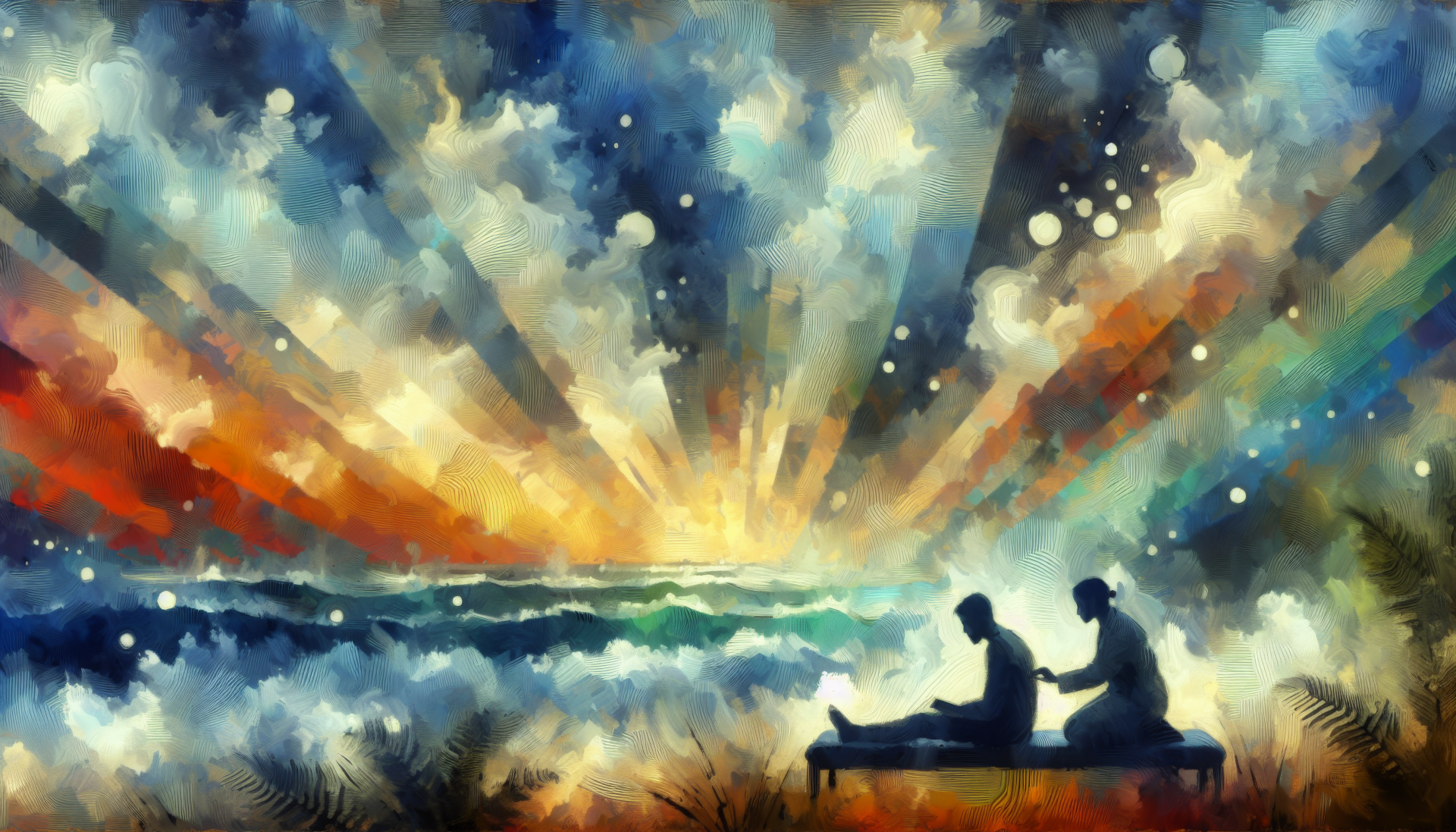 Therapy-themed HD desktop wallpaper featuring a serene digital painting of two silhouetted figures relaxing by a colorful, abstract sunset over water, radiating calm and tranquility.