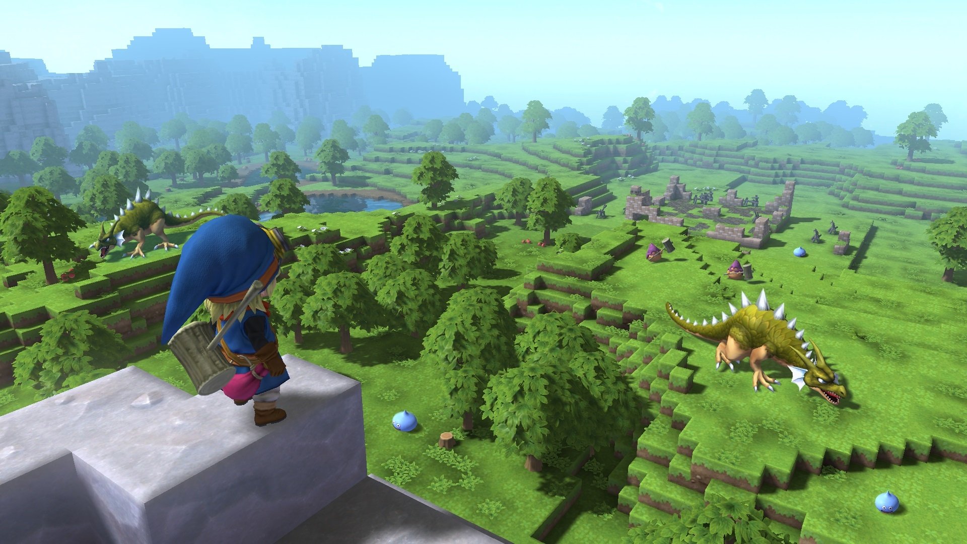 HD wallpaper featuring Dragon Quest Builders gameplay with character overlooking a vivid green landscape.