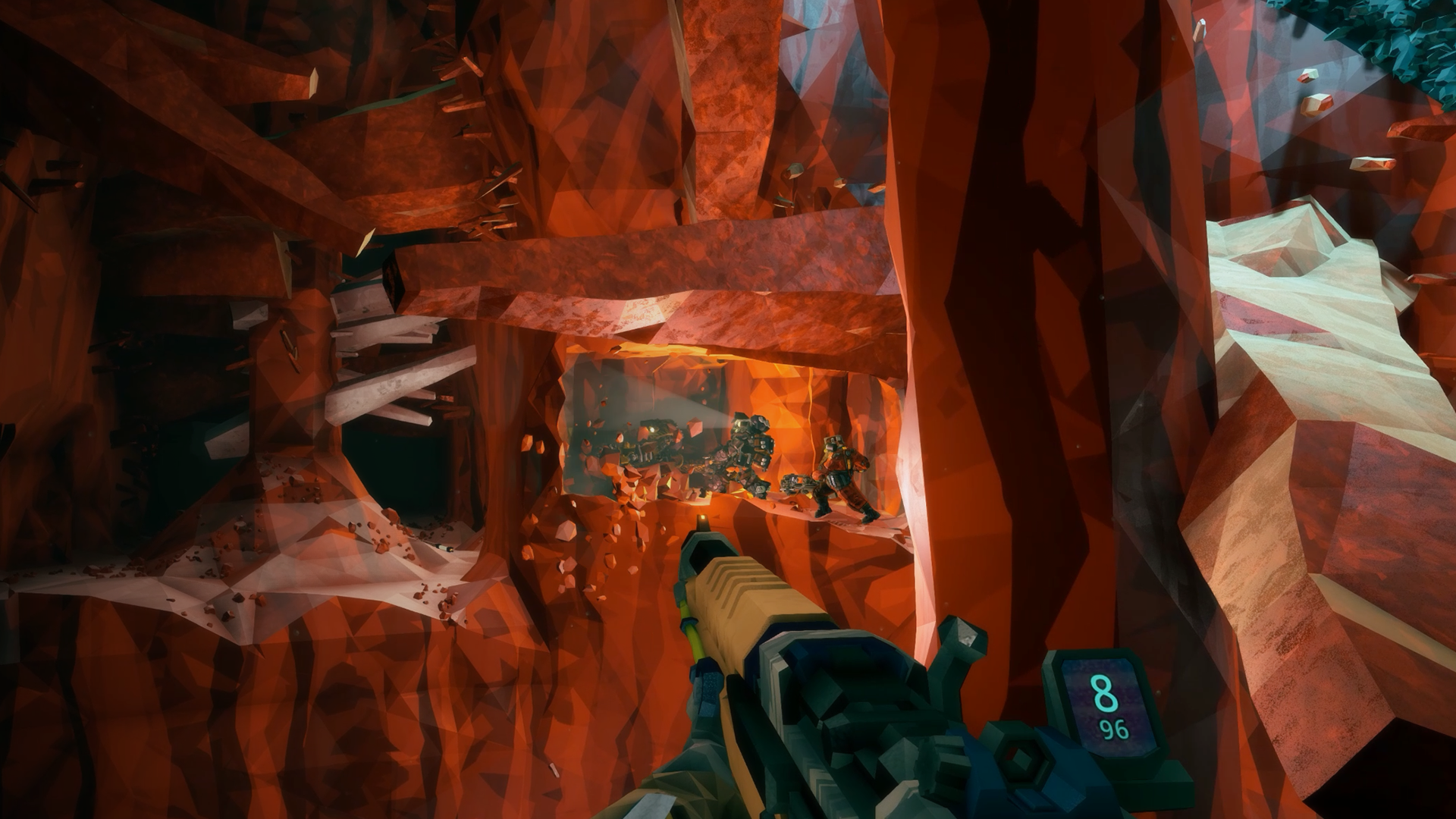 HD wallpaper of 'Deep Rock Galactic: Survivor' video game featuring the first-person perspective of a player holding a futuristic gun in a crystal-laden alien cave environment.