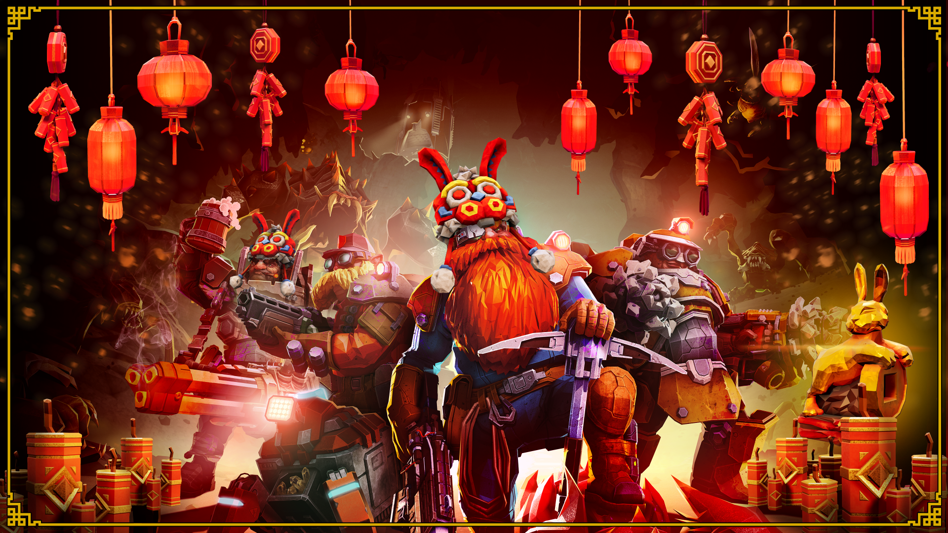 HD wallpaper of Deep Rock Galactic: Survivor video game featuring characters in vibrant costumes with Chinese lanterns in the background.