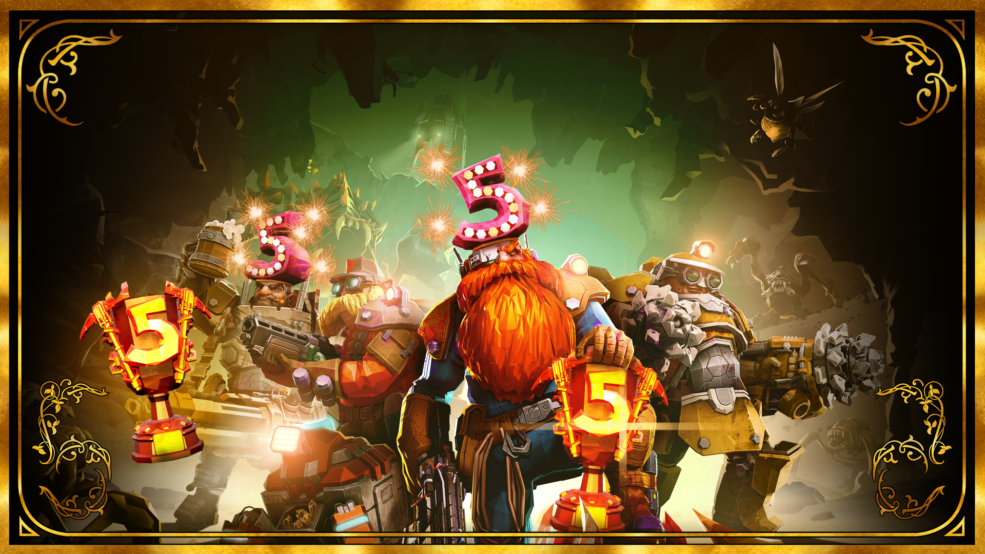 HD wallpaper featuring characters from Deep Rock Galactic: Survivor video game with '5' icons prominent, denoting a celebration or milestone.