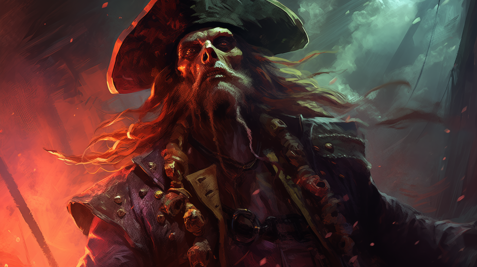 HD fantasy pirate desktop wallpaper featuring an artistic depiction of a fearsome pirate amidst a fiery backdrop.