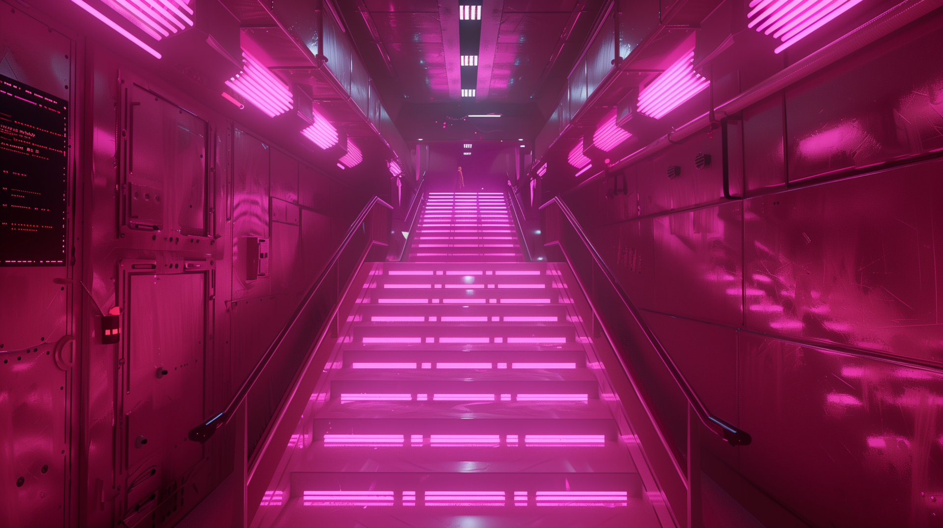 Aesthetic HD wallpaper featuring a vibrant pink staircase, illuminated by glowing pink lights, creating a striking and immersive atmosphere.
