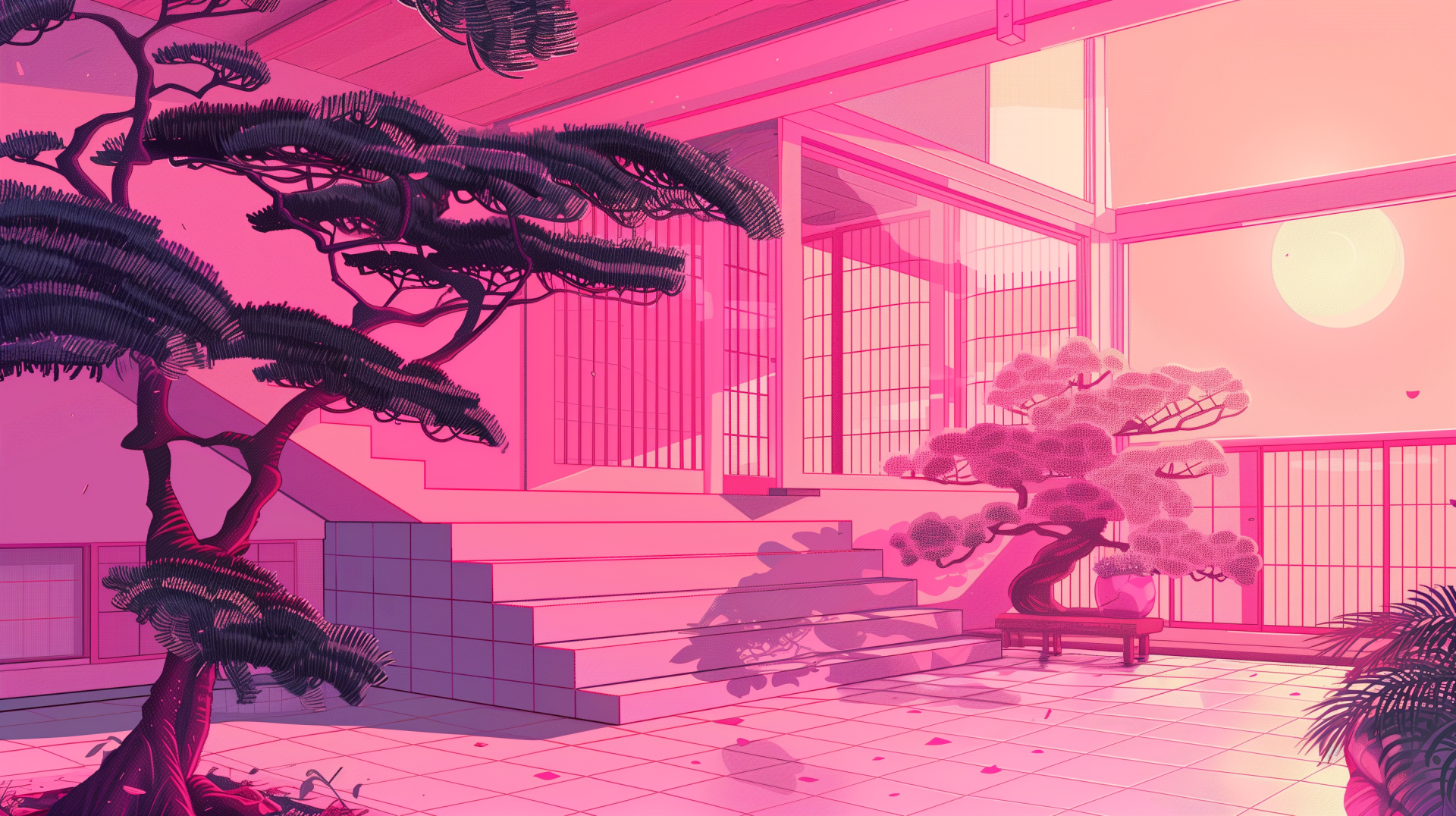 HD wallpaper featuring a pink aesthetic with a tranquil bonsai and pine trees against a stylized architectural backdrop.