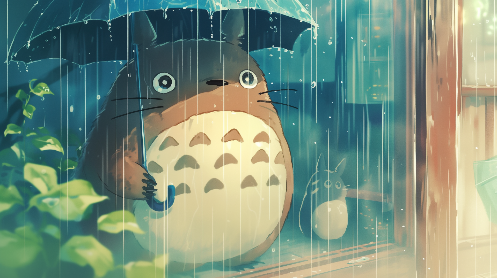 HD wallpaper of Totoro from My Neighbor Totoro anime, standing in the rain with an umbrella.