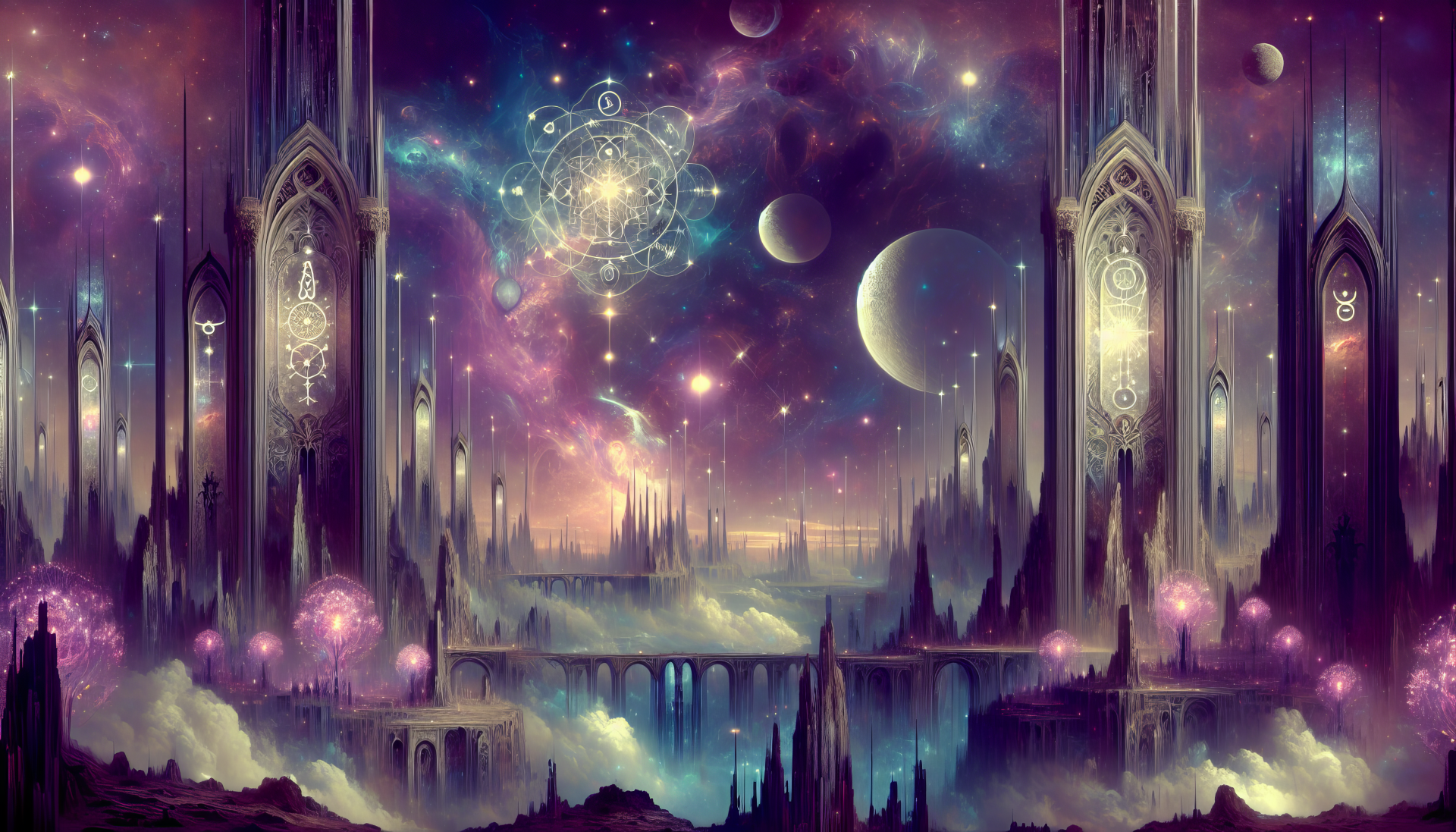 Fantasy landscape with cosmic elements and gothic architecture HD desktop wallpaper.