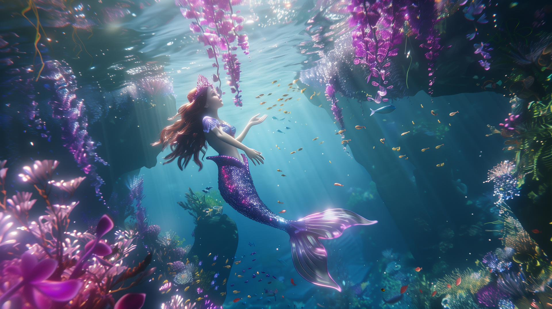 Stunning HD desktop wallpaper of a mermaid with a shimmering tail, gracefully swimming underwater amidst vibrant purple coral reefs.