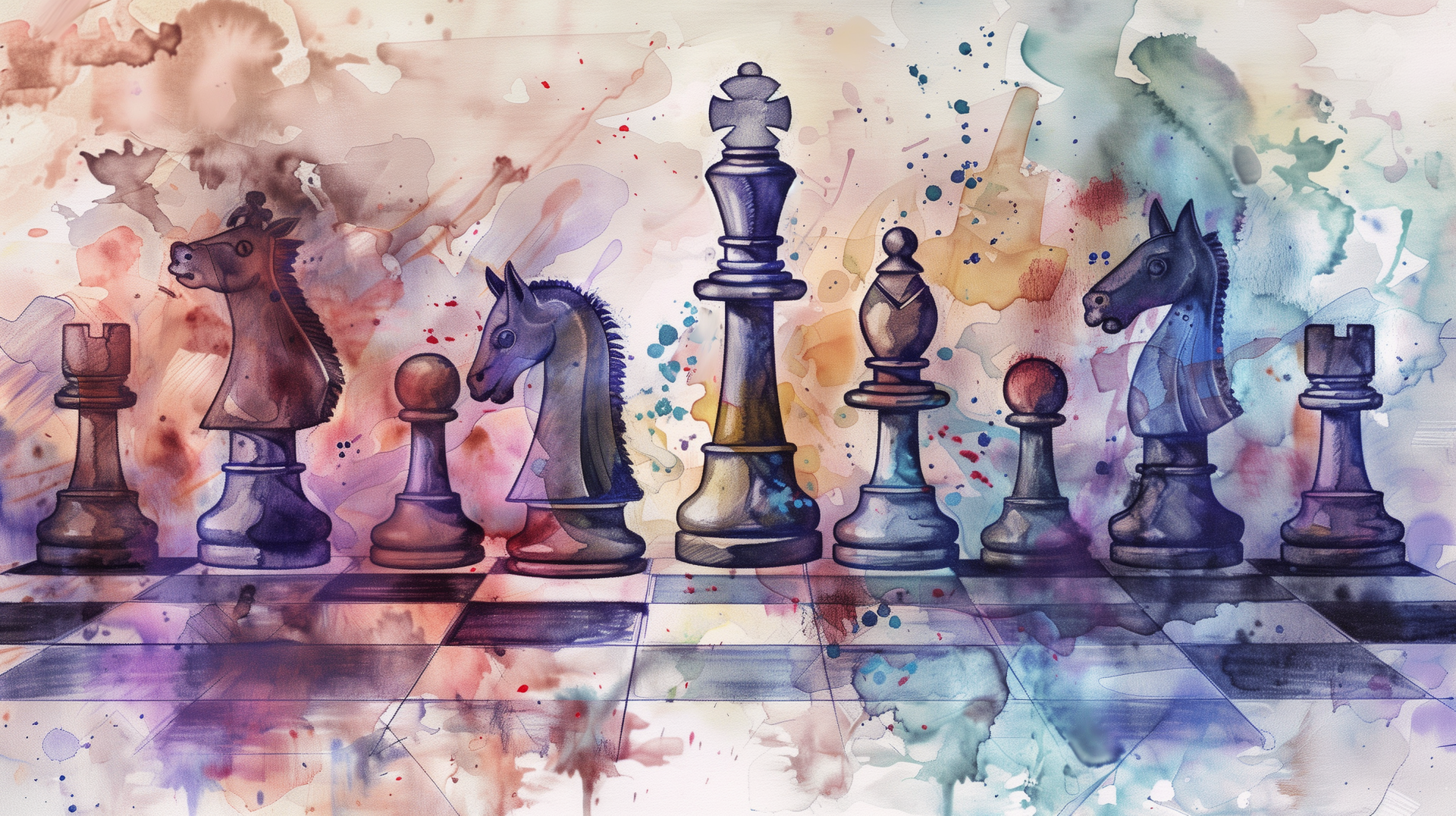 HD desktop wallpaper featuring an artistic watercolor rendering of chess pieces on a board with vibrant splashes of color in the background.