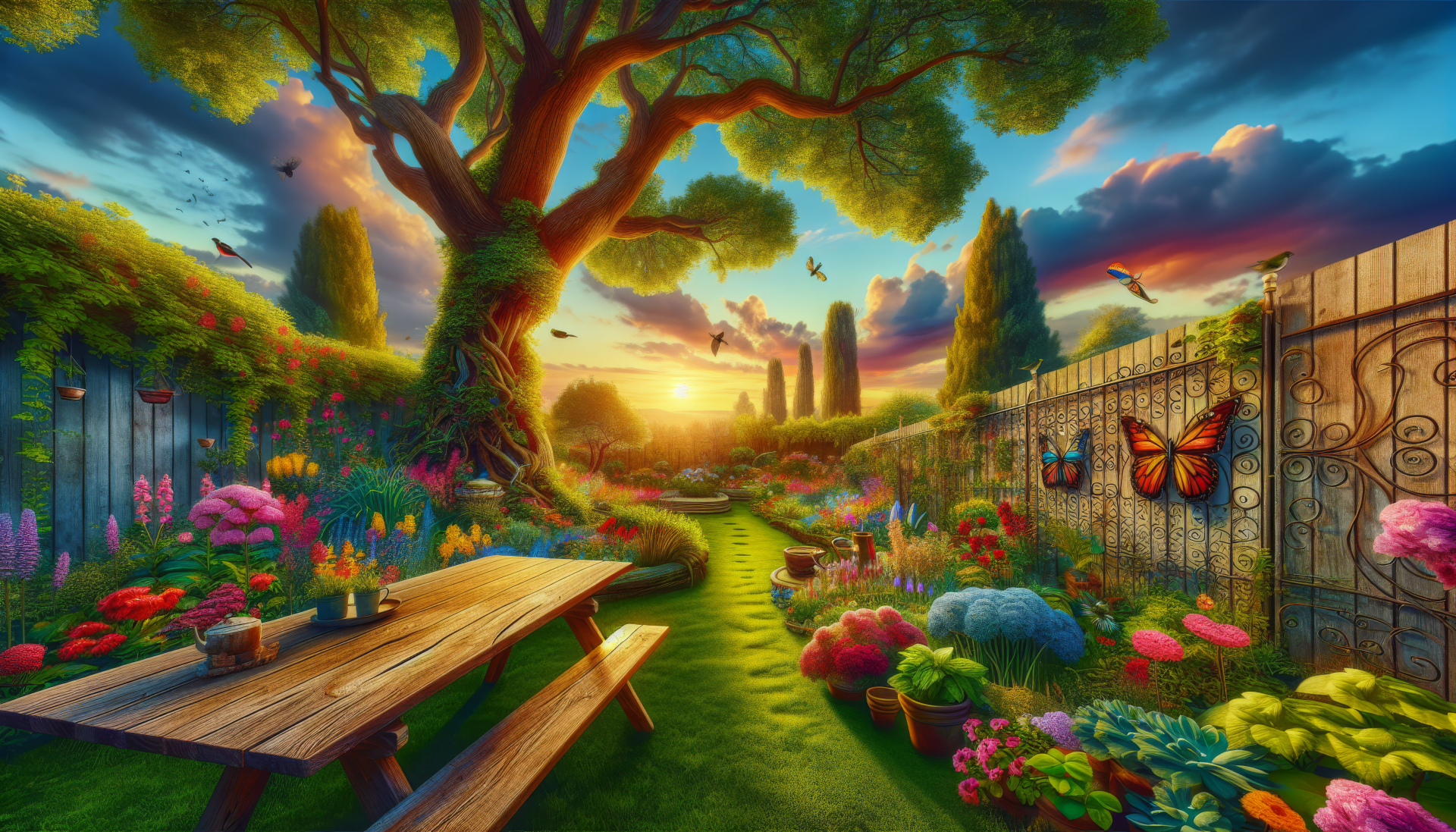 HD desktop wallpaper of a vibrant backyard garden at sunset with colorful flowers and a wooden picnic table.