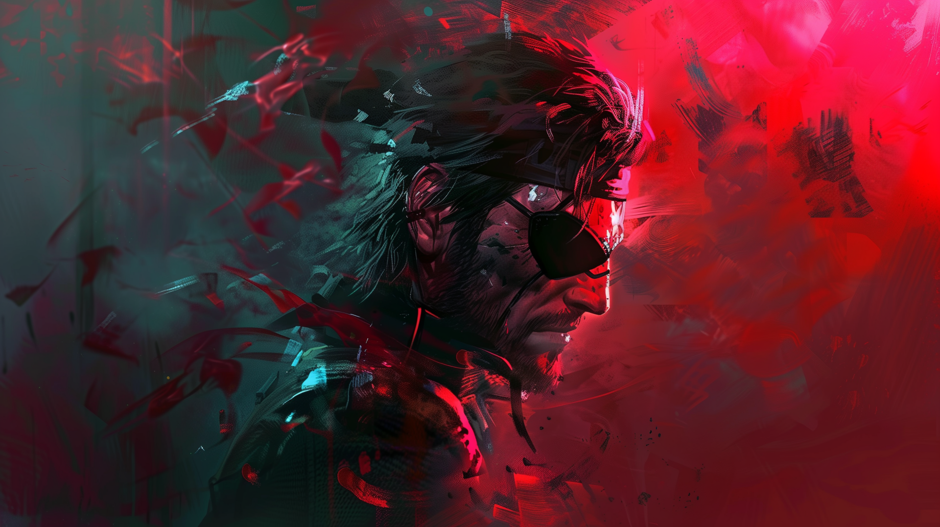 HD Metal Gear fan art wallpaper featuring an intense, stylized portrait with vivid red background.