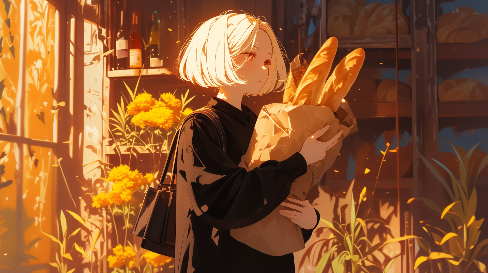 HD wallpaper featuring an anime character holding a baguette, set against a warm, autumnal background with flowers.