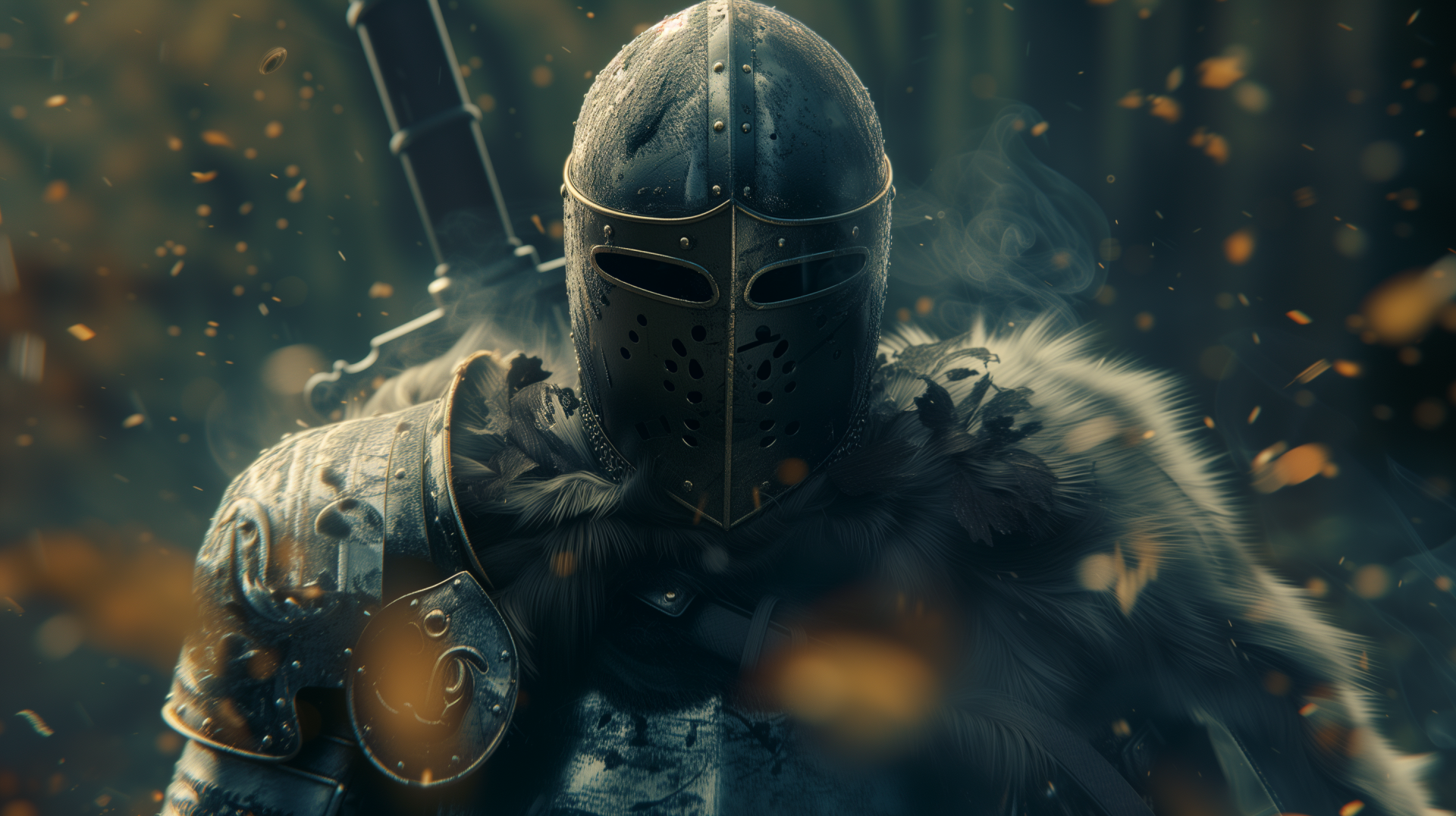 A fierce fantasy knight in shining armor stands amidst swirling leaves and smoke, creating a dramatic atmosphere. This high-definition image makes an impactful desktop wallpaper.