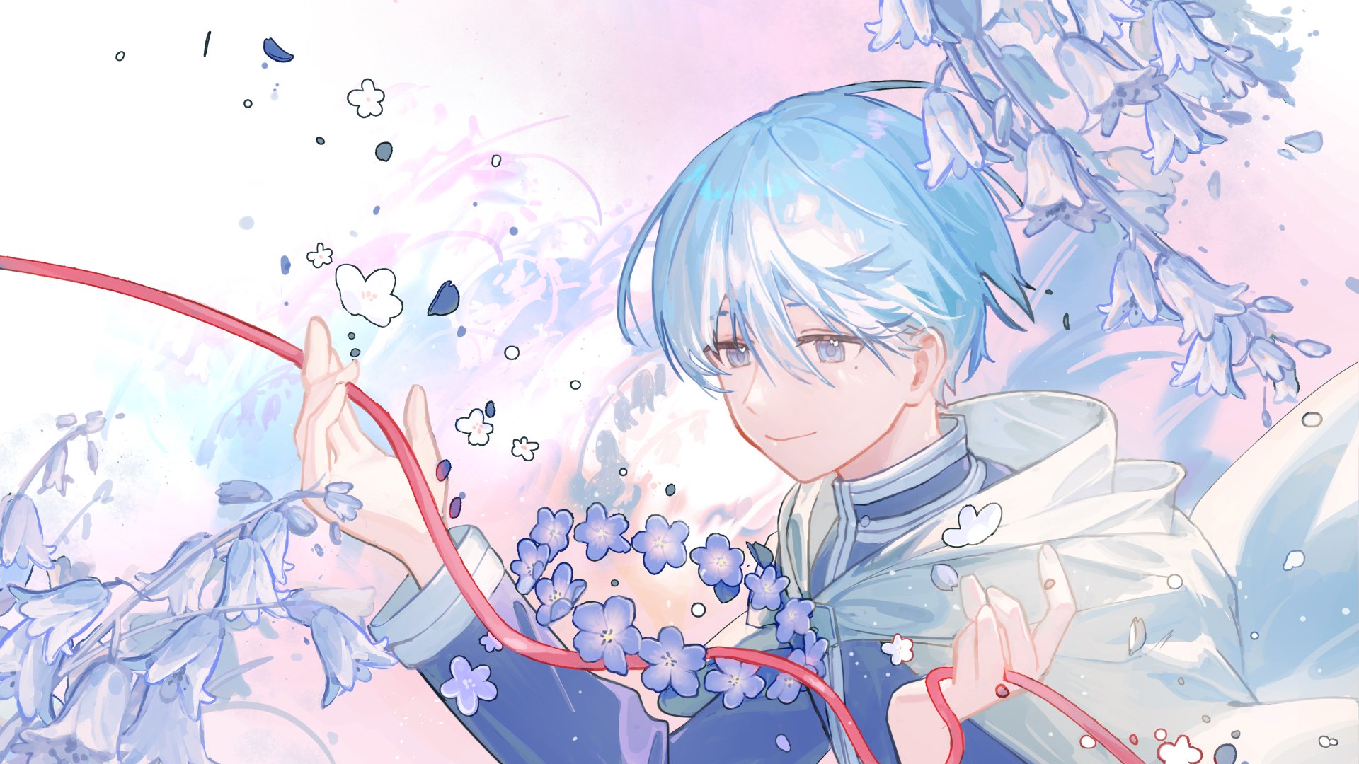 4K Ultra HD PC wallpaper featuring Himmel from Frieren: Beyond Journey's End surrounded by pastel flowers and soft pink and blue hues.