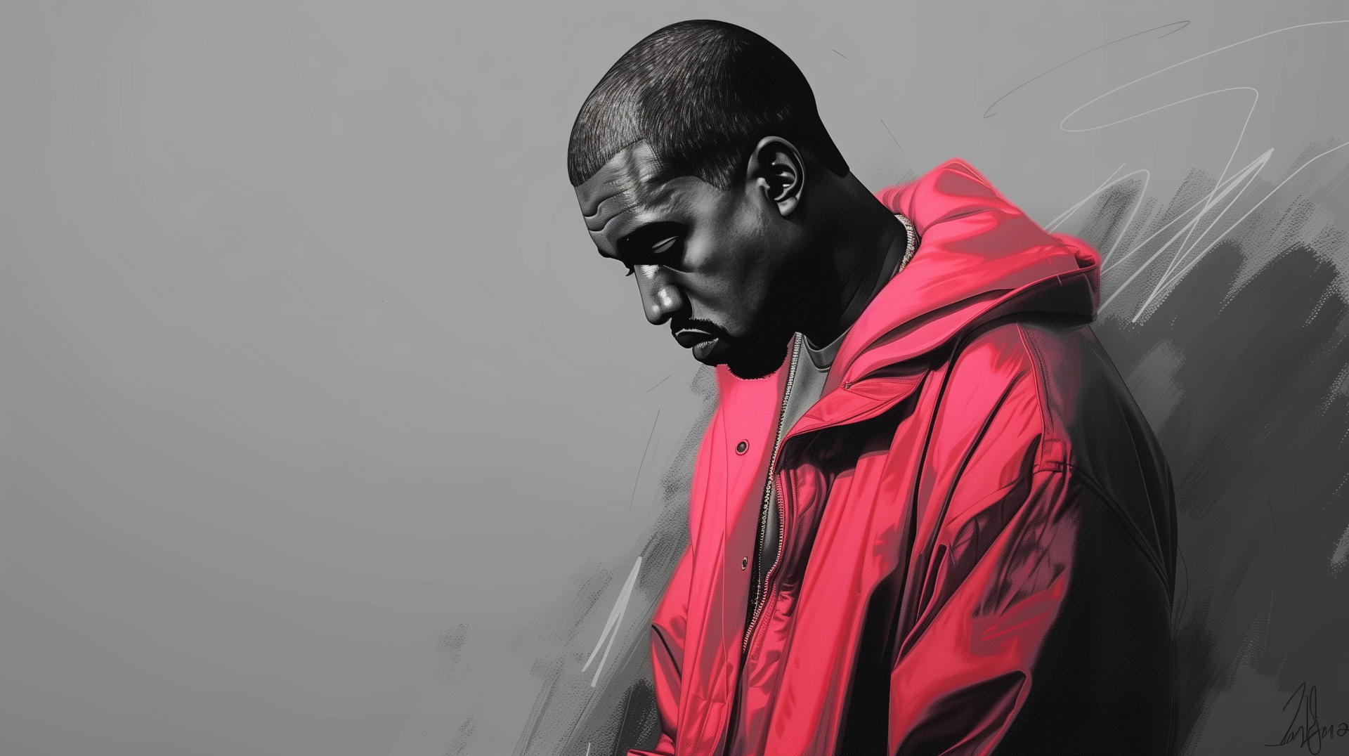 Illustration of a thoughtful male artist in a red jacket, representing a rapper and singer, as a stylish HD desktop wallpaper.