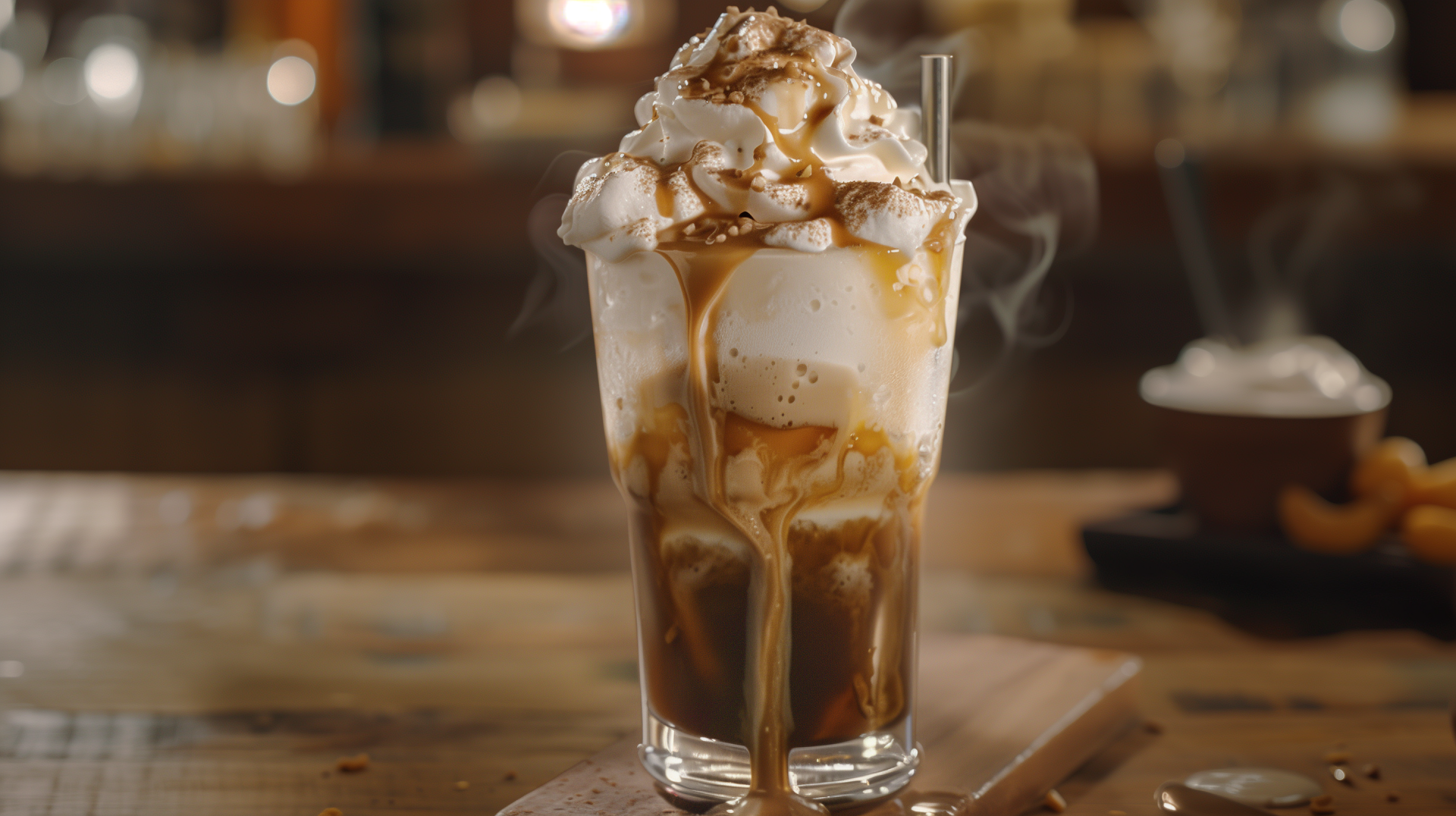 A delicious root beer float featuring creamy ice cream, topped with whipped cream and drizzled in caramel, served in a glass, creating a tempting dessert drink backdrop.