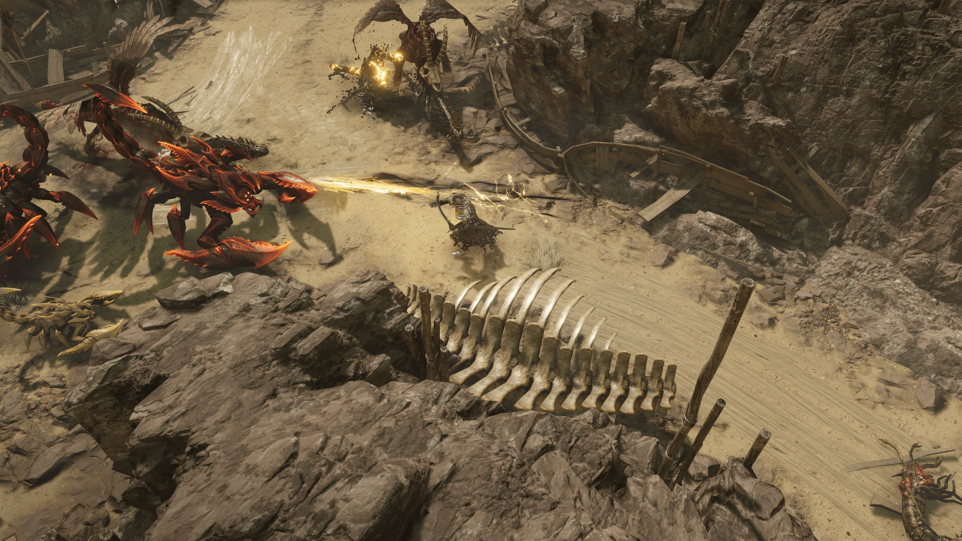 HD desktop wallpaper featuring an intense battle scene from the video game Last Epoch, with a character fighting red creatures in a rugged desert environment.