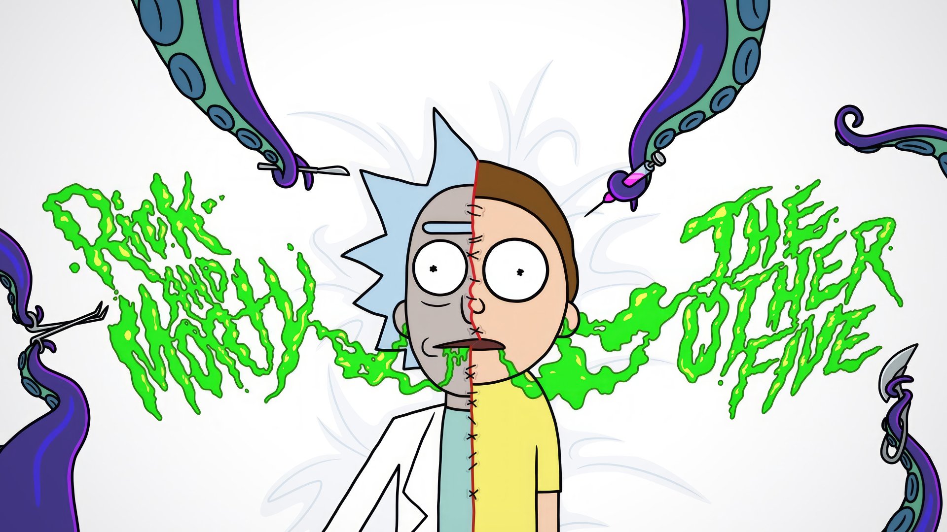 HD Wallpaper featuring characters from the TV show 'Rick and Morty' with Rick Sanchez on the left and Morty Smith on the right, set against a whimsical background with alien tentacles.
